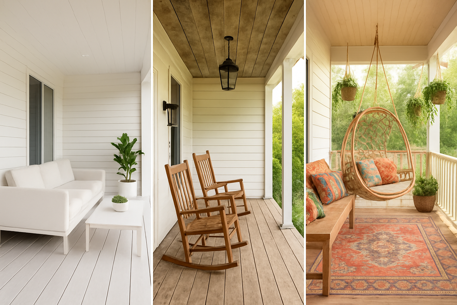 Create a realistic image of a split-screen view showing three different porch interior design styles side by side, featuring a modern minimalist porch with sleek white furniture and clean lines, a rustic farmhouse porch with wooden rocking chairs and vintage lanterns, and a bohemian style porch with colorful cushions and hanging plants, each porch having distinct flooring, furniture, and decorative elements that clearly demonstrate their unique aesthetic approaches, with natural daylight streaming through, creating warm and inviting atmospheres that showcase the variety of decorating possibilities, absolutely NO text should be in the scene.