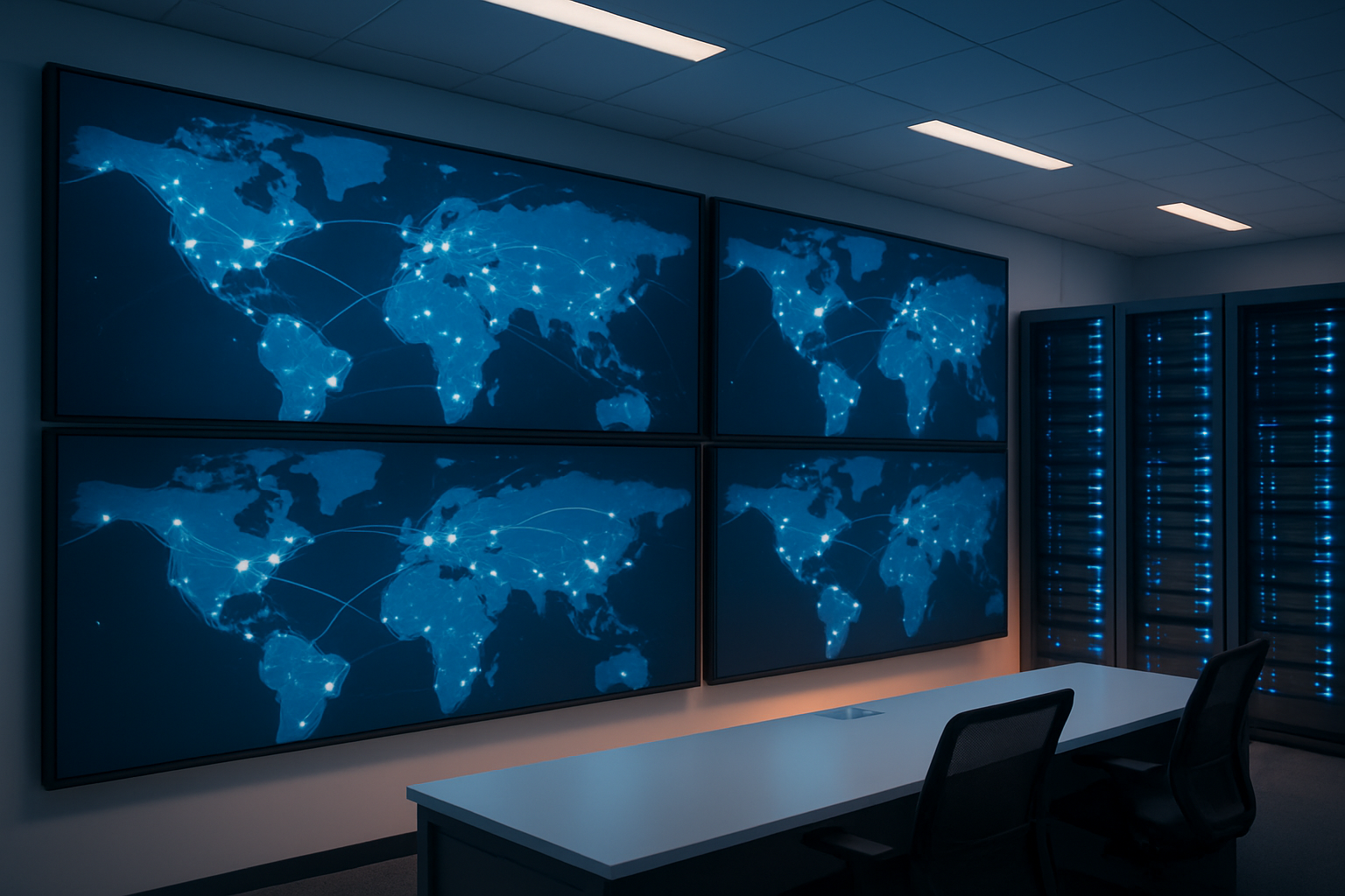 Create a realistic image of a modern data center control room with multiple large wall-mounted displays showing world maps with interconnected cloud infrastructure networks, glowing data nodes positioned across different continents, and network pathways connecting various geographic regions, featuring sleek server racks with blue LED indicators in the background, a clean white and blue color scheme with subtle orange accent lights, professional ambient lighting, and a futuristic technology atmosphere that conveys strategic cloud architecture planning, absolutely NO text should be in the scene.