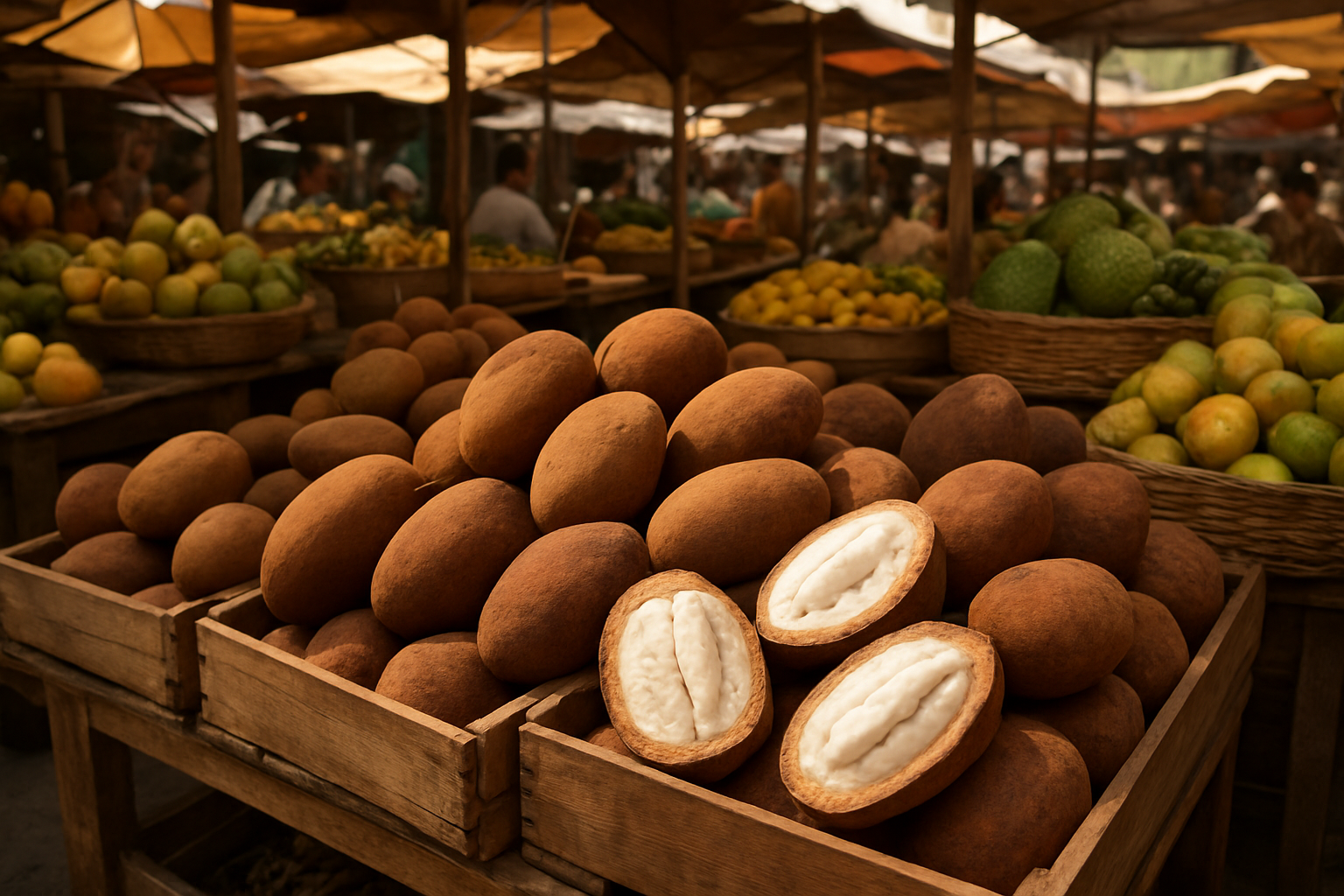 Create a realistic image of a vibrant marketplace scene showing cupuacu fruits displayed in wooden crates and baskets at various vendor stalls, with fresh whole cupuacu fruits and cut-open specimens revealing the white pulp inside, surrounded by other tropical fruits, featuring warm natural lighting that highlights the brown fuzzy exterior of the cupuacu fruits, with a bustling market atmosphere in the background including canvas awnings and rustic wooden displays, conveying abundance and agricultural sourcing. Absolutely NO text should be in the scene.