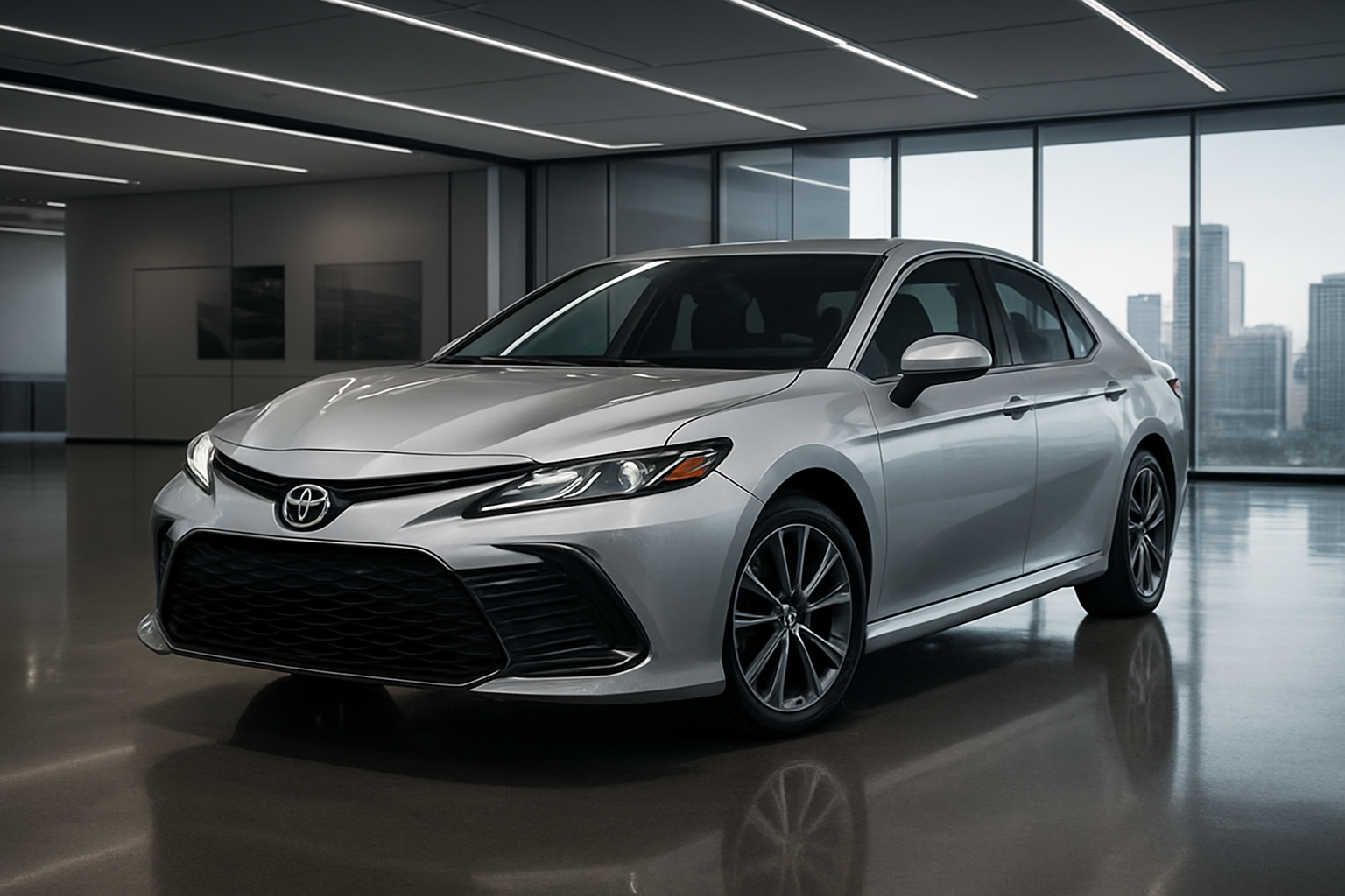 Create a realistic image of a sleek 2026 Toyota Camry in metallic silver parked in a modern showroom with bright LED lighting, positioned at a three-quarter front angle to showcase both the redesigned front grille and side profile, with polished concrete floors reflecting the vehicle, floor-to-ceiling windows in the background showing a city skyline, and subtle automotive promotional materials on distant walls, creating a premium and contemplative atmosphere that suggests careful consideration of a major purchase decision. Absolutely NO text should be in the scene.