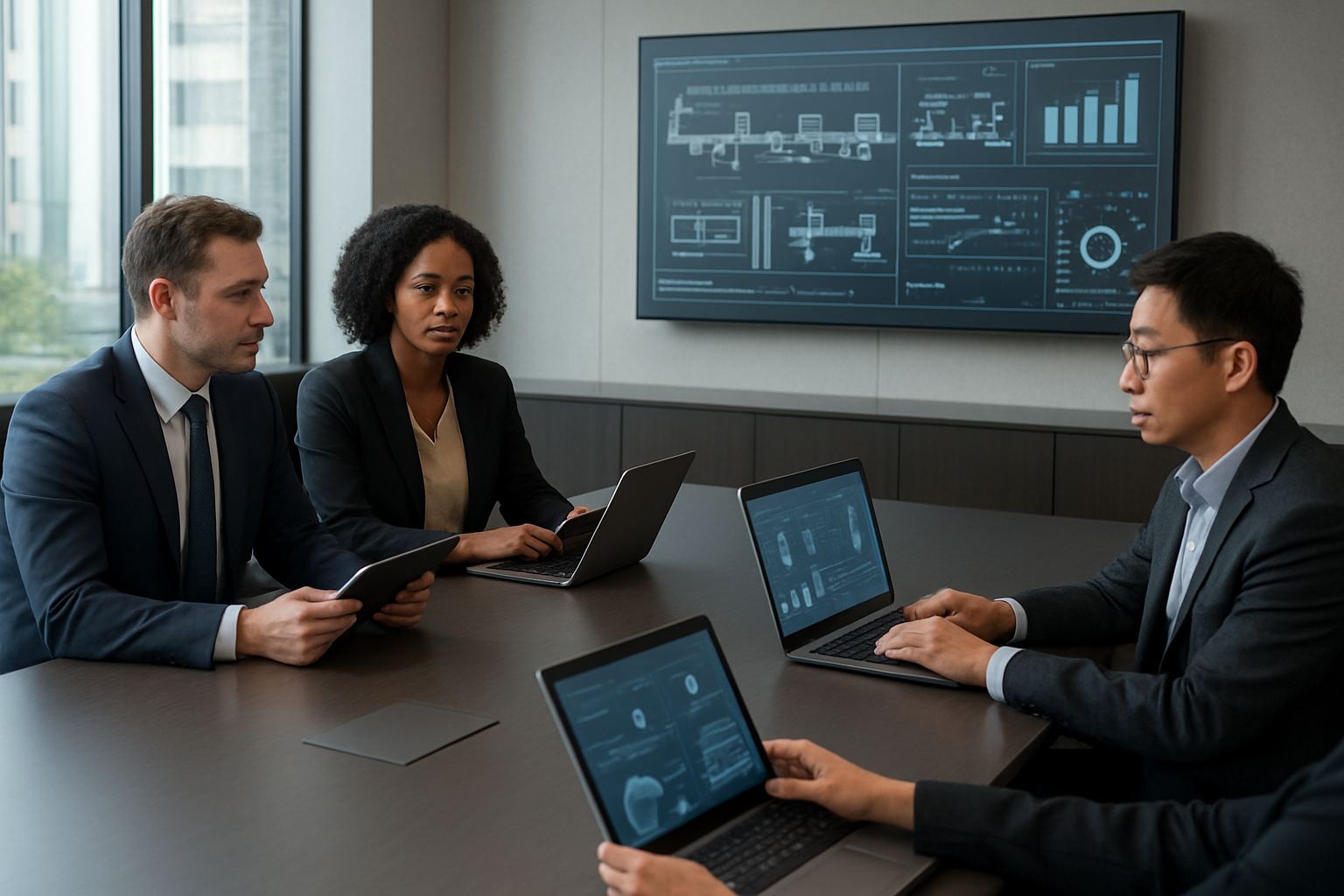 Create a realistic image of a modern corporate boardroom with a diverse group of business professionals including a white male executive, a black female manager, and an Asian male technical lead sitting around a sleek conference table reviewing digital tablets and laptops displaying charts and AI implementation roadmaps, with a large wall-mounted smart screen showing manufacturing workflow diagrams and data analytics dashboards, soft natural lighting from floor-to-ceiling windows, professional atmosphere with modern furniture and technology integration visible throughout the space, absolutely NO text should be in the scene.