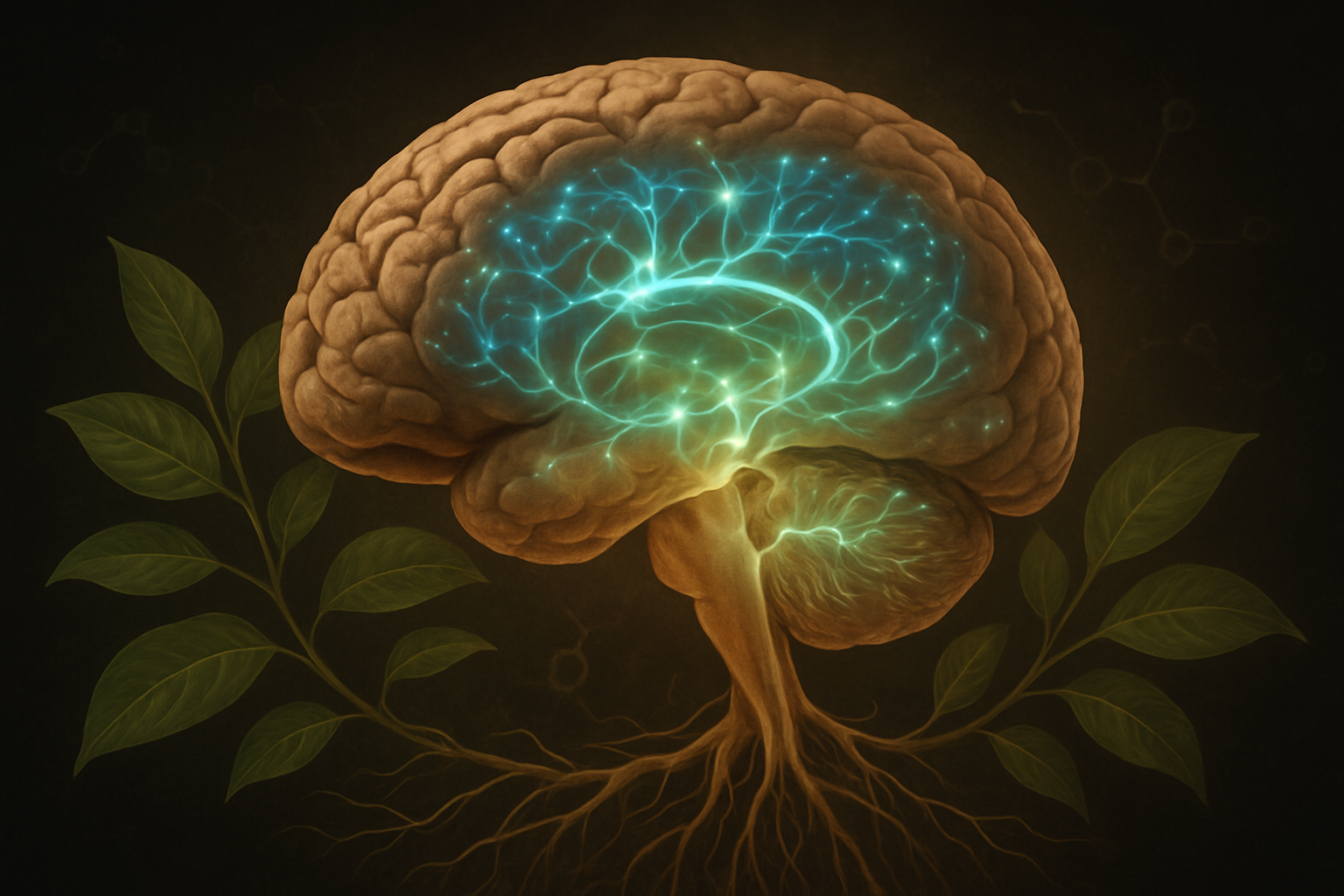Create a realistic image of a detailed cross-section view of a human brain with highlighted neural pathways glowing in soft blue and green light, surrounded by delicate ibogaine plant leaves and root structures, set against a dark scientific background with subtle molecular structures floating in the atmosphere, conveying a sense of healing and restoration through natural medicine, with warm golden lighting illuminating the brain's recovery processes and synaptic connections being rebuilt, absolutely NO text should be in the scene.