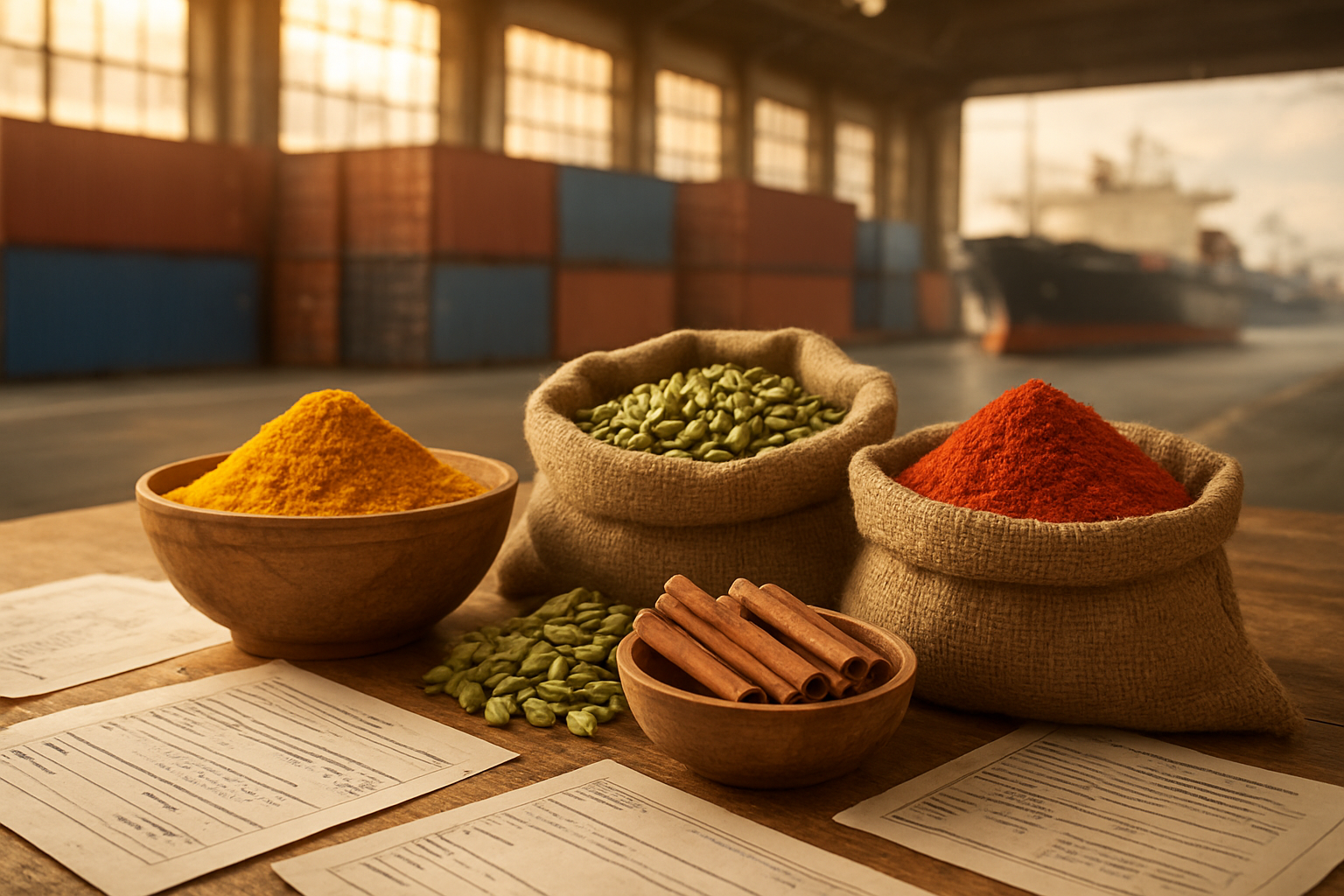 Create a realistic image of colorful Indian spices including turmeric, cardamom, cinnamon sticks, and red chili powder displayed in traditional wooden bowls and burlap sacks at a busy Indian port warehouse, with shipping containers and cargo ships visible in the blurred background, warm golden lighting filtering through large warehouse windows, official trade documents and customs paperwork scattered on a wooden desk nearby, creating a professional international trade atmosphere that conveys reduced import costs and streamlined customs processes, absolutely NO text should be in the scene.
