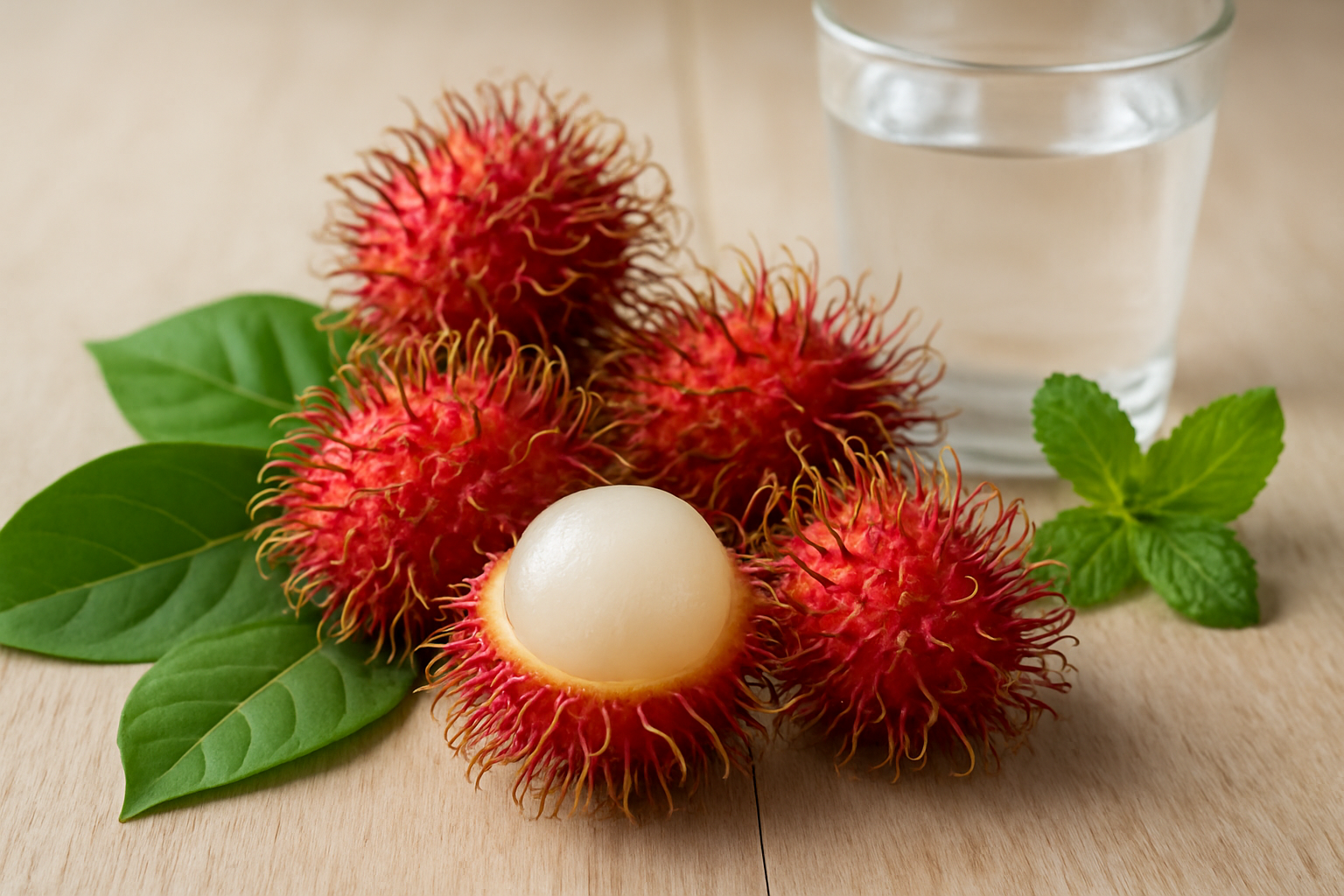 Create a realistic image of fresh rambutan fruits with their distinctive red spiky exterior and peeled white translucent flesh visible, arranged on a clean wooden surface alongside vibrant green leaves, with soft natural lighting highlighting the tropical fruit's texture and colors, complemented by subtle health and wellness elements like a glass of water and fresh mint leaves in the background, creating a clean and fresh atmosphere that conveys nutritional benefits and healthy lifestyle, absolutely NO text should be in the scene.
