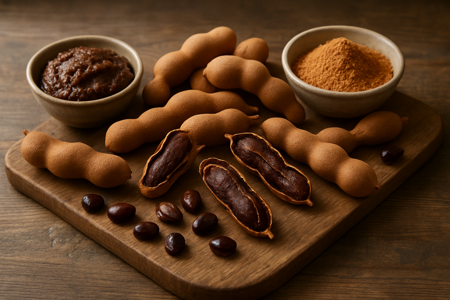 Create a realistic image of a beautifully arranged display of fresh tamarinds in various forms: whole tamarind pods with brown curved shells, opened pods revealing the dark sticky pulp inside, and individual tamarind seeds, all artfully scattered on a rustic wooden cutting board, surrounded by small bowls containing tamarind paste and powder, with soft natural lighting casting gentle shadows, creating a warm and inviting culinary atmosphere that showcases the versatility and natural beauty of this superfruit, absolutely NO text should be in the scene.