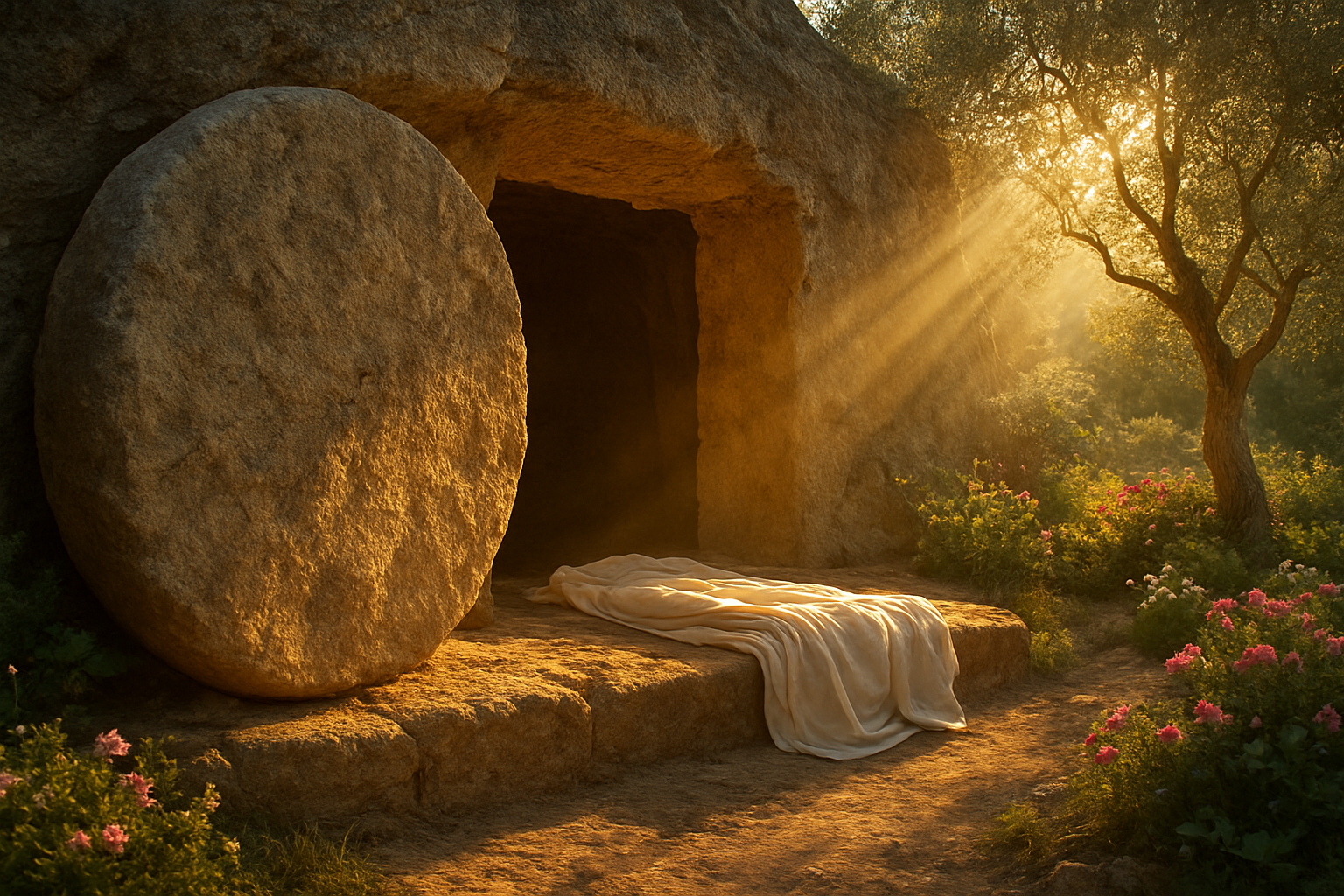 Create a realistic image of an empty stone tomb with the large circular stone rolled away from the entrance, golden sunlight streaming through the opening casting warm rays across the rocky interior, white burial cloths lying folded neatly inside, surrounded by a peaceful garden setting with blooming flowers and olive trees, creating a serene and hopeful atmosphere that symbolizes victory over death and new life, with soft morning light illuminating the scene in warm golden tones, absolutely NO text should be in the scene.