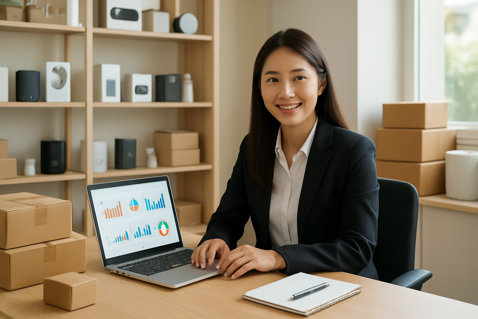 Create a realistic image of a successful Asian female entrepreneur sitting at a modern desk with a laptop displaying colorful product analytics dashboards and graphs, surrounded by neatly organized small retail products like electronics accessories and home goods on shelves, with shipping boxes and packaging materials visible in the background, bright natural lighting from a window creating a professional and accomplished atmosphere in a contemporary home office setting, absolutely NO text should be in the scene.