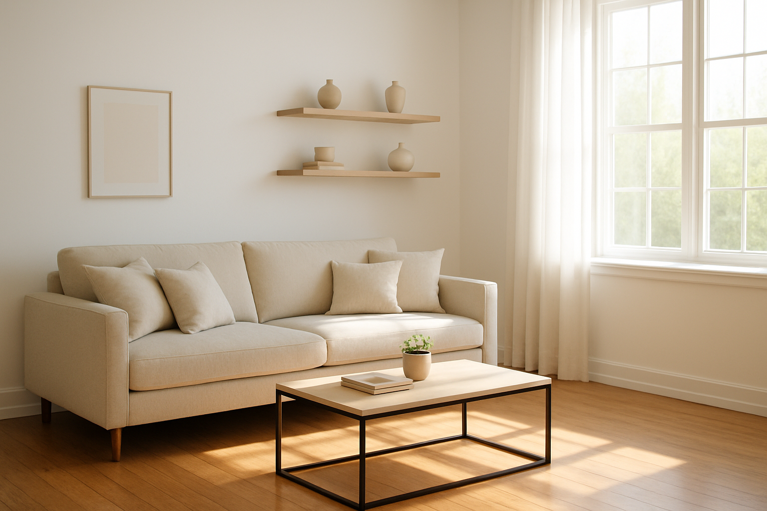 Create a realistic image of a bright, spacious living room showcasing a perfectly organized and decluttered space with clean white walls, a minimalist beige sofa with neatly arranged throw pillows, a sleek coffee table with only a small potted plant and one decorative book, organized floating shelves displaying a few carefully curated items, natural sunlight streaming through large windows with simple white curtains, polished hardwood floors reflecting the warm afternoon light, and a sense of calm serenity and accomplishment in the pristine, refreshed environment. Absolutely NO text should be in the scene.