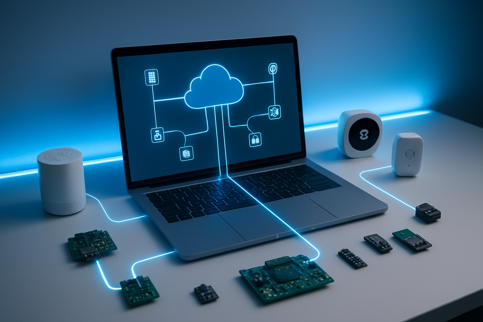 Create a realistic image of a modern tech workspace showing multiple IoT devices including sensors, smart thermostats, and microcontrollers connected with glowing blue data streams, a laptop displaying AWS cloud dashboard with network diagrams, circuit boards and electronic components scattered on a clean white desk, soft ambient lighting with blue accent lights, high-tech atmosphere conveying successful IoT implementation and data connectivity, shot from a slightly elevated angle to show the complete setup, professional and clean aesthetic with subtle shadows, absolutely NO text should be in the scene.