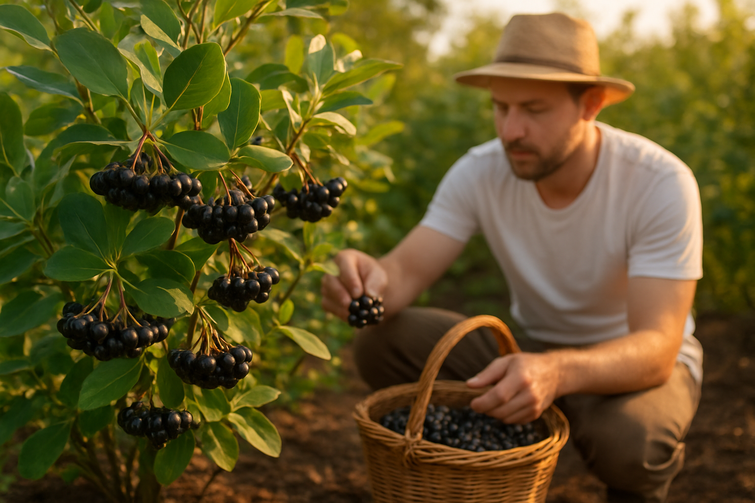 Create a realistic image of a flourishing black chokeberry bush in a garden setting with clusters of dark purple-black berries hanging from branches, surrounded by green oval-shaped leaves, with a white male gardener in the background carefully harvesting ripe berries into a wicker basket, set during golden hour lighting that creates a warm, productive atmosphere, with rich soil visible at the base of the plants and other berry bushes softly blurred in the background, absolutely NO text should be in the scene.