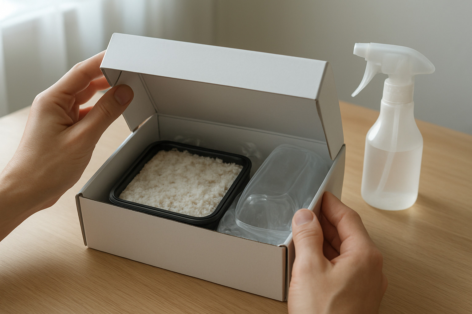 Create A Realistic Image Of Hands Carefully Opening A White Mycelium Grow Kit Box On A Clean Wooden Table, With The Kit'S Contents Partially Visible Including A Growing Tray With White Mycelium Substrate, A Clear Plastic Humidity Tent, And A Spray Bottle, Shot From A Slightly Elevated Angle With Soft Natural Lighting From A Nearby Window, Creating A Clean And Sterile Laboratory-Like Atmosphere With Shallow Depth Of Field Focusing On The Activation Process, Absolutely No Text Should Be In The Scene.