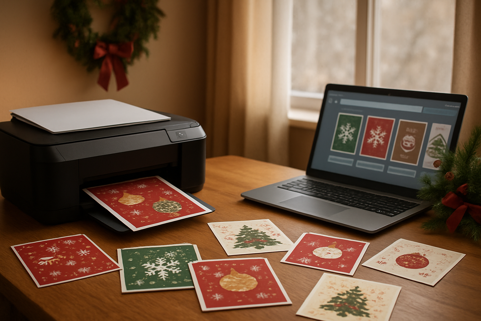 Create a realistic image of a cozy home workspace featuring a modern printer on a wooden desk with freshly printed Christmas and New Year greeting cards scattered around, some cards showing festive designs with snowflakes and holiday decorations, a laptop computer displaying a digital shopping interface, warm ambient lighting from a nearby window with soft winter daylight, decorative holiday elements like pine branches and red ribbons in the background, a comfortable indoor setting that conveys satisfaction and accomplishment from successful digital card printing, absolutely NO text should be in the scene.