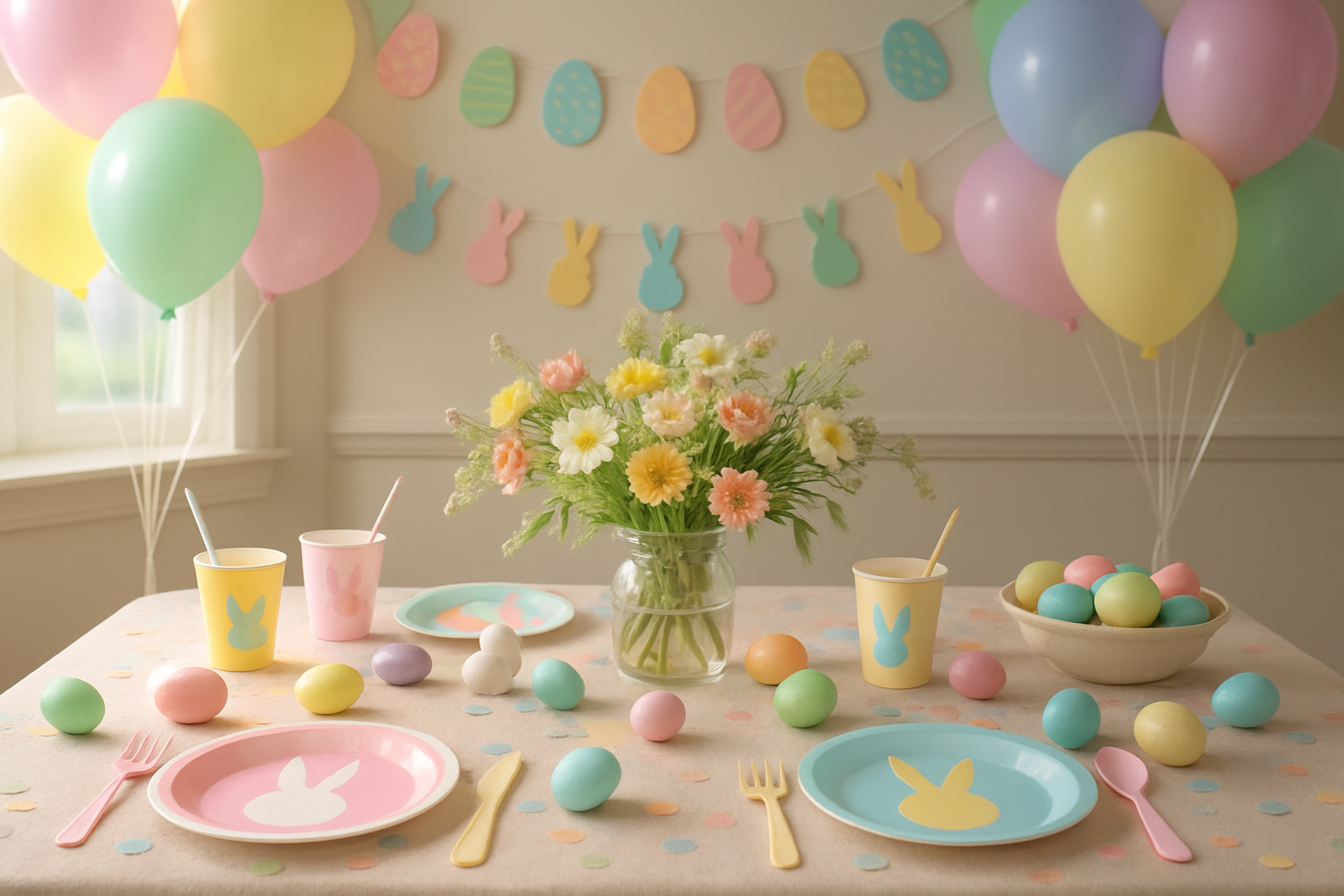 Create a realistic image of a colorful Easter party setup with festive decorations including pastel balloons, Easter egg garlands, and bunny-themed party supplies arranged on a decorated table, with Easter eggs scattered around, spring flowers as centerpieces, soft natural lighting streaming through a window, creating a joyful and celebratory atmosphere perfect for party entertainment, absolutely NO text should be in the scene.