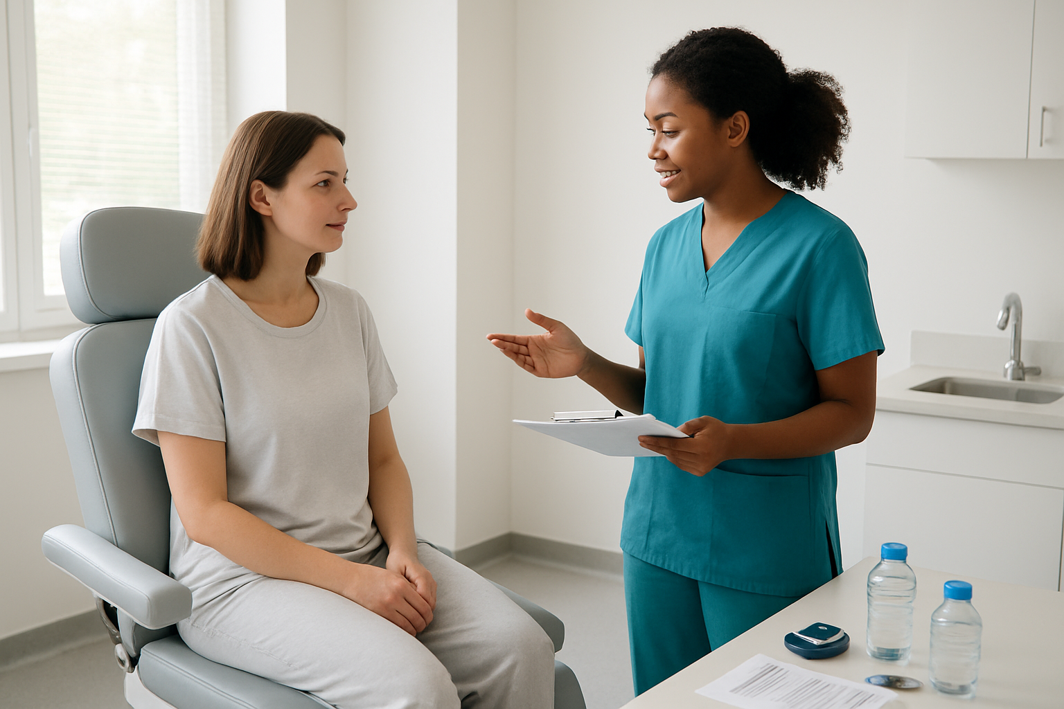 Create a realistic image of a clean, modern medical preparation room with a white female patient in comfortable loose-fitting clothing sitting on an examination chair, while a black female medical technician in scrubs explains pre-scan instructions, with medical preparation materials like water bottles, glucose monitoring equipment, and patient information sheets arranged on a nearby counter, soft natural lighting from windows creating a calm and professional healthcare environment, absolutely NO text should be in the scene.