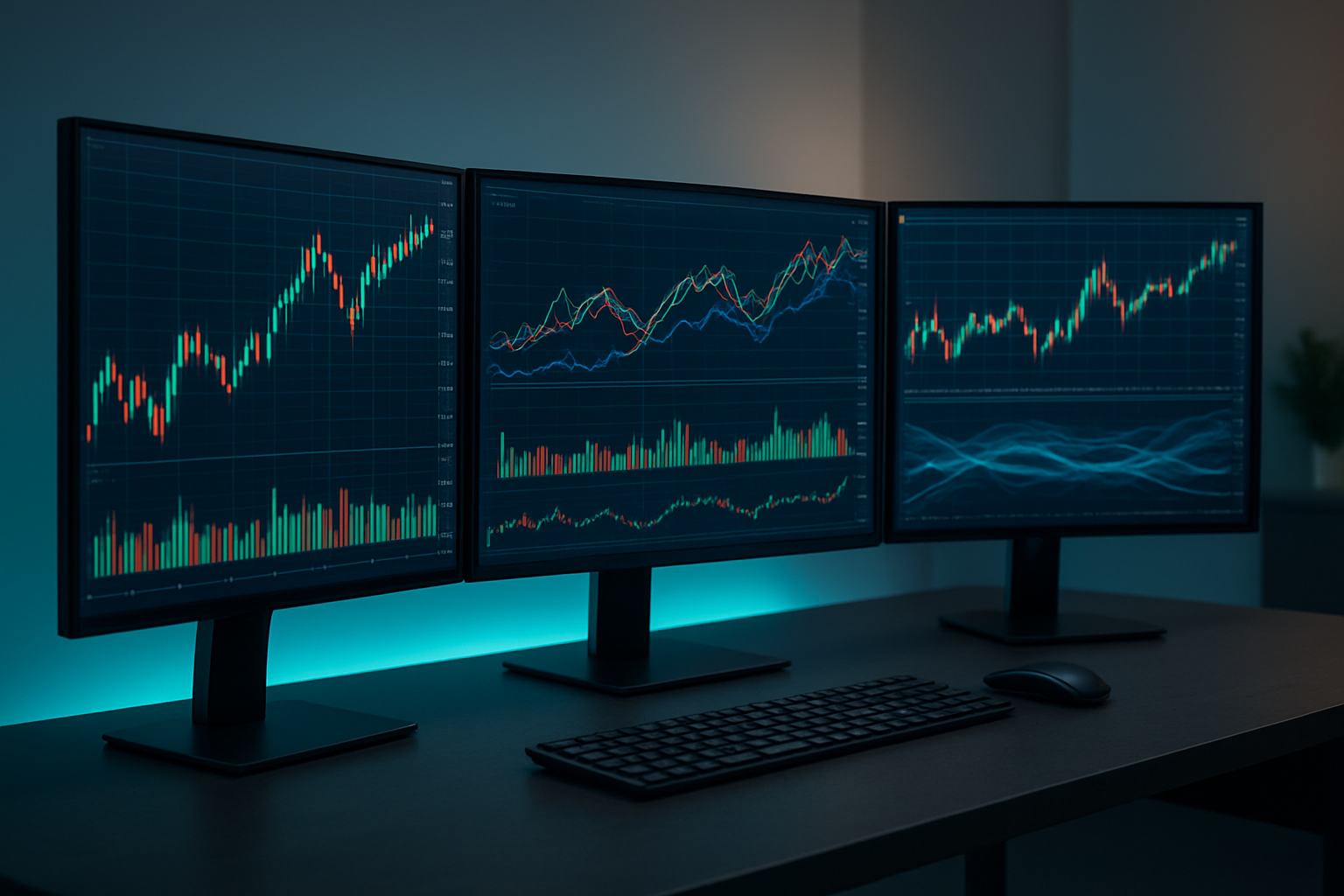 Create a realistic image of a modern computer workstation with multiple monitors displaying colorful financial charts, candlestick patterns, and flowing data streams, featuring a sleek keyboard and mouse on a clean desk, with subtle blue and green LED lighting creating a professional trading environment, surrounded by a minimalist office background with soft ambient lighting. Absolutely NO text should be in the scene.