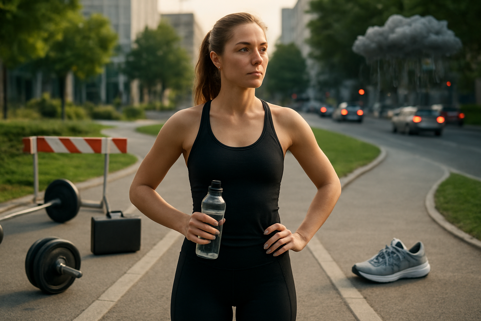 Create a realistic image of a determined white female in athletic wear standing at a crossroads with multiple challenging paths, one path showing gym equipment partially blocked by barriers like time clocks and work briefcases, another path showing outdoor running shoes next to rain clouds and busy traffic, while she holds a water bottle and looks confidently forward choosing her route, set in a modern urban environment with soft natural lighting that conveys hope and determination, absolutely NO text should be in the scene.