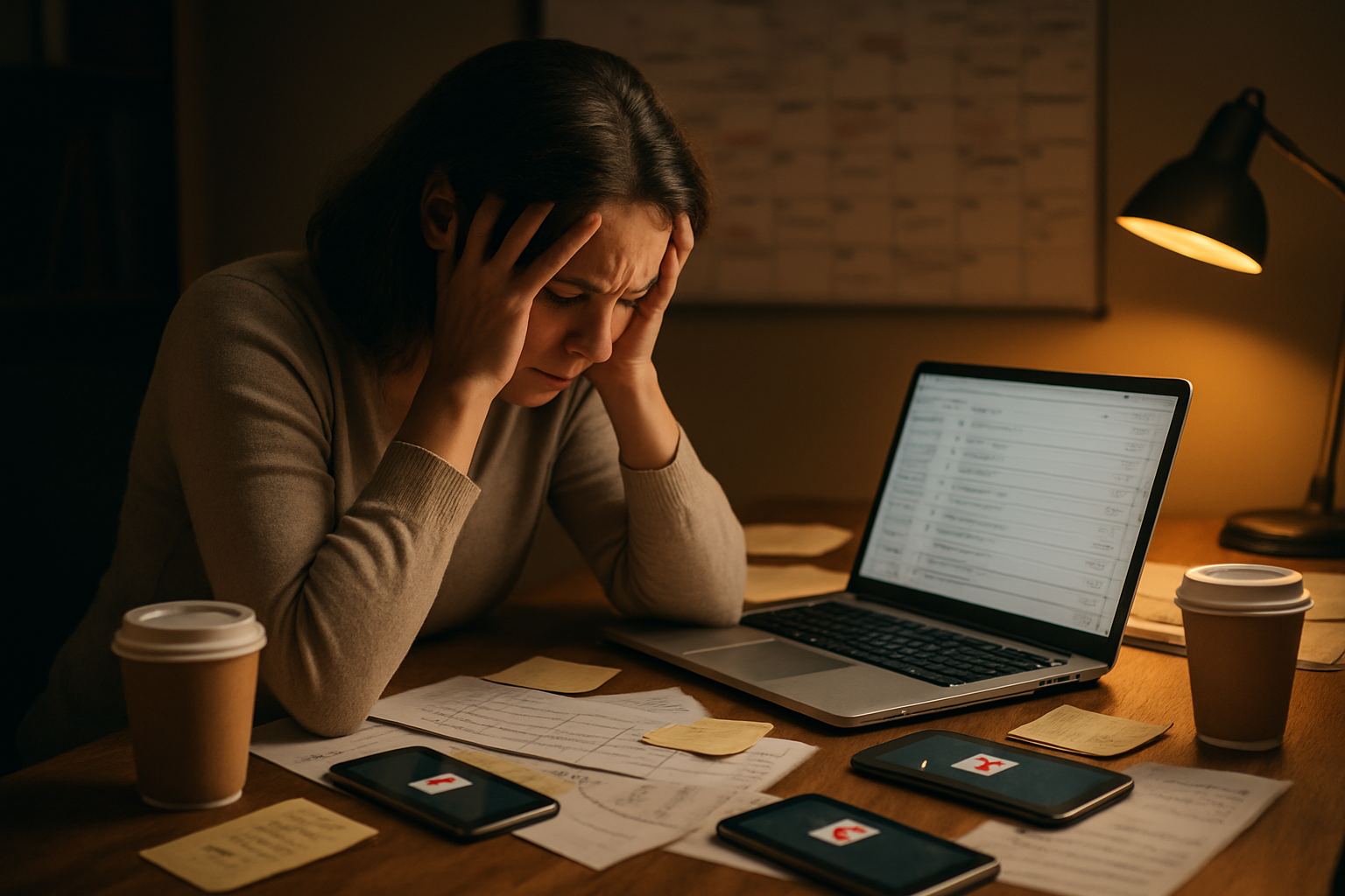 Create a realistic image of a stressed white female in her 30s sitting at a cluttered desk with her head in her hands, surrounded by multiple smartphones buzzing with notifications, overflowing email inbox on laptop screen, scattered papers and sticky notes, coffee cups, and a calendar with overpacked schedule visible in background, warm indoor lighting creating shadows that emphasize overwhelm and burnout, absolutely NO text should be in the scene.