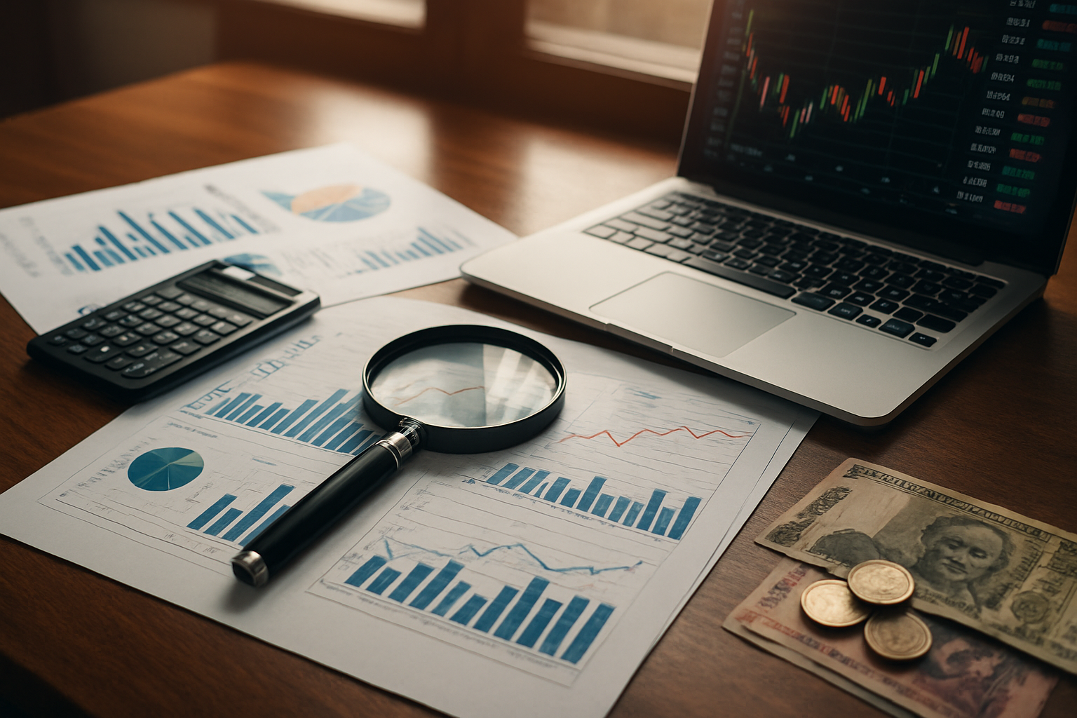 Create a realistic image of a professional Indian office setting with financial documents, charts, and graphs spread across a polished wooden desk, featuring a magnifying glass examining dividend yield percentages on stock performance charts, a calculator, pen, and laptop displaying stock market data, with Indian rupee notes and coins subtly placed in the scene, warm natural lighting from a window, creating a focused analytical atmosphere for investment research, absolutely NO text should be in the scene.