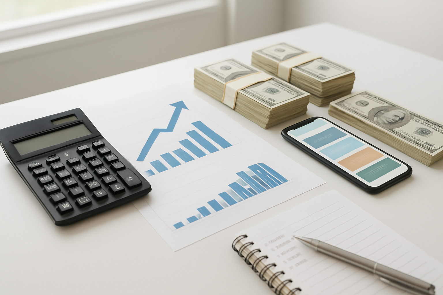 Create a realistic image of a clean, modern workspace featuring a calculator, financial charts showing positive trends with upward arrows, stacks of organized dollar bills, a smartphone displaying a budgeting app interface, and a notepad with organized budget categories, all arranged on a white desk surface with soft natural lighting from a window, conveying success and financial organization, with a calm and professional atmosphere. Absolutely NO text should be in the scene.