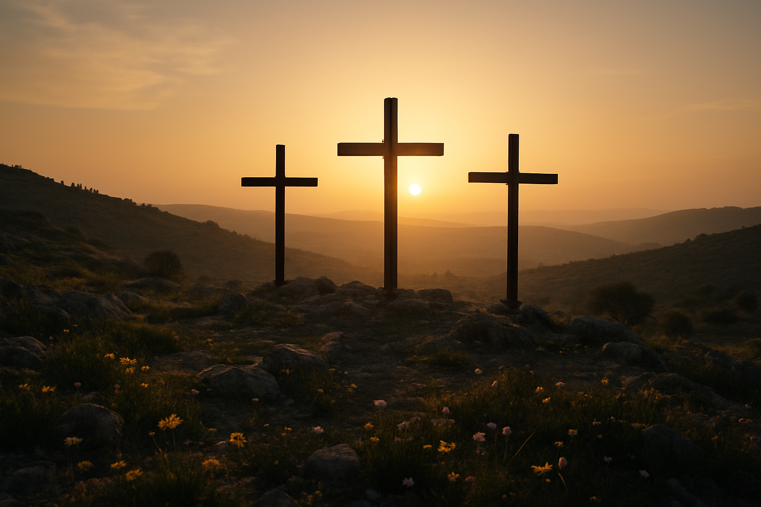 Create a realistic image of an ancient Jerusalem hillside at dawn with three empty wooden crosses silhouetted against a soft golden sunrise, showing the peaceful aftermath of the crucifixion events, with scattered wildflowers beginning to bloom in the foreground, rolling hills in the background, and gentle morning light casting long shadows across the rocky terrain, conveying a sense of hope and renewal emerging from darkness, with a serene and contemplative atmosphere. Absolutely NO text should be in the scene.