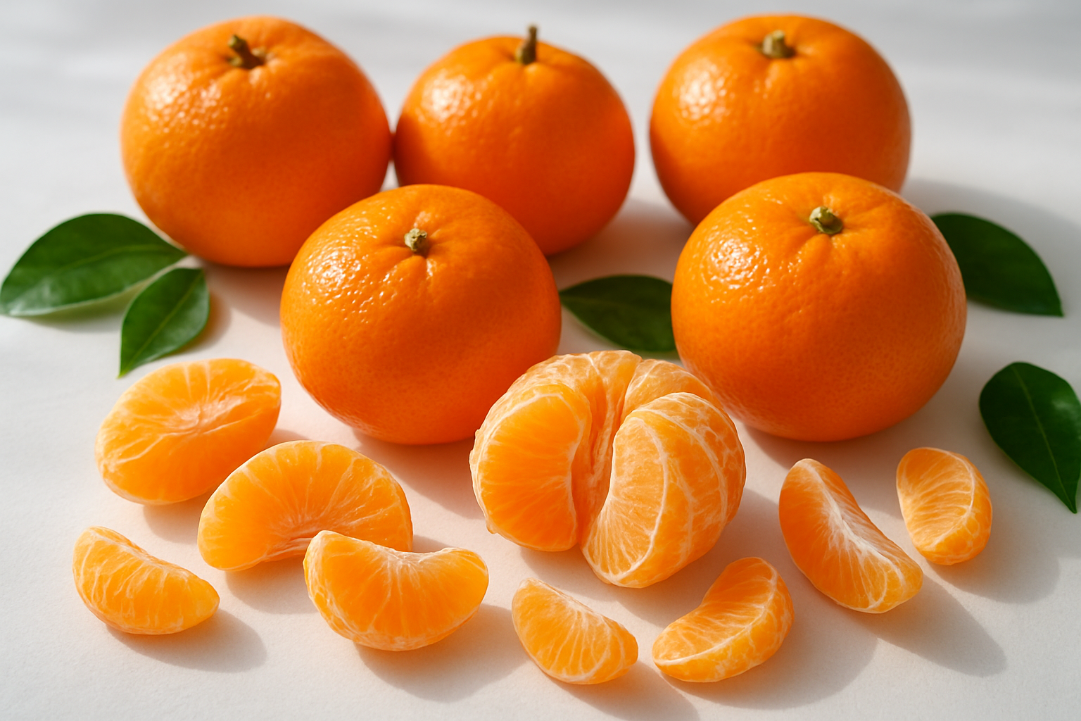 Create a realistic image of fresh mandarin oranges displayed on a clean white surface, showing both whole mandarins with their bright orange peels and several peeled mandarins with segments separated, revealing the juicy interior flesh, natural daylight illuminating the scene to highlight the vibrant orange color and texture of the fruit's skin and pulp, with a few green leaves scattered around for natural accent, shot from a slightly elevated angle to showcase the fruit's characteristics clearly, absolutely NO text should be in the scene.