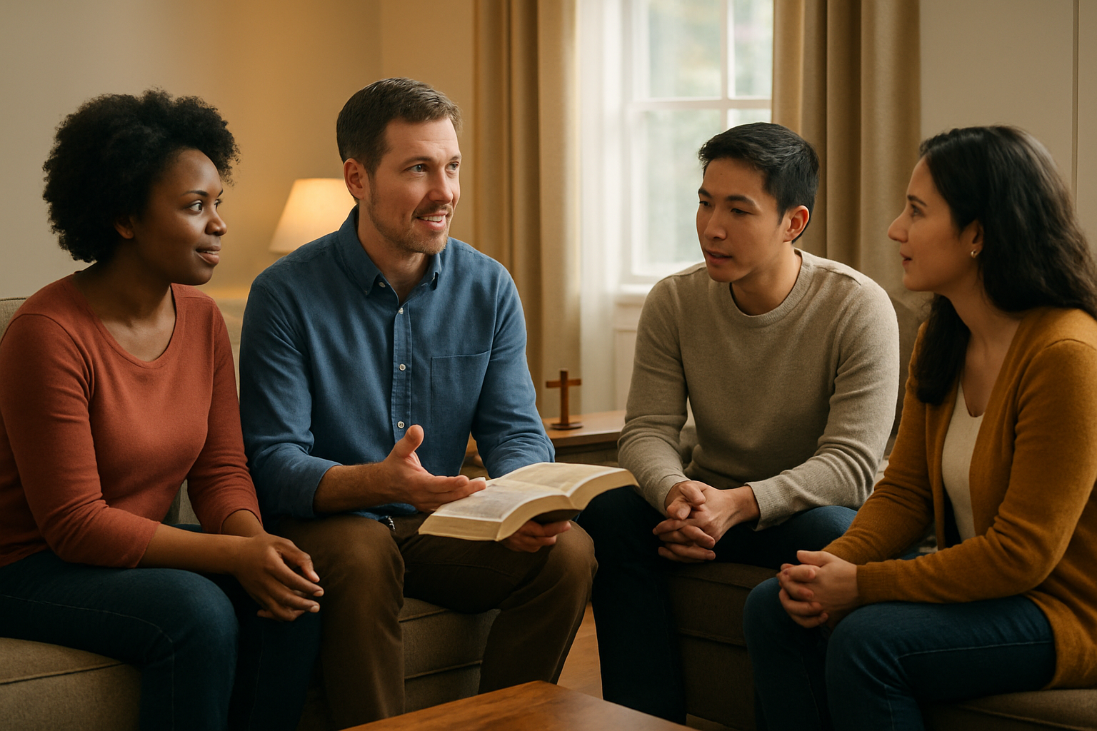 Create a realistic image of a diverse group of people sitting in a warm, inviting living room setting, featuring a white male in his 40s holding an open Bible while gesturing as he speaks to an attentive circle that includes a black female, an Asian male, and a Hispanic female, all appearing engaged in meaningful conversation, with soft natural lighting streaming through a window, comfortable seating arrangements with warm earth-tone furniture, a small wooden cross visible on a side table, and an atmosphere of fellowship and spiritual sharing, absolutely NO text should be in the scene.