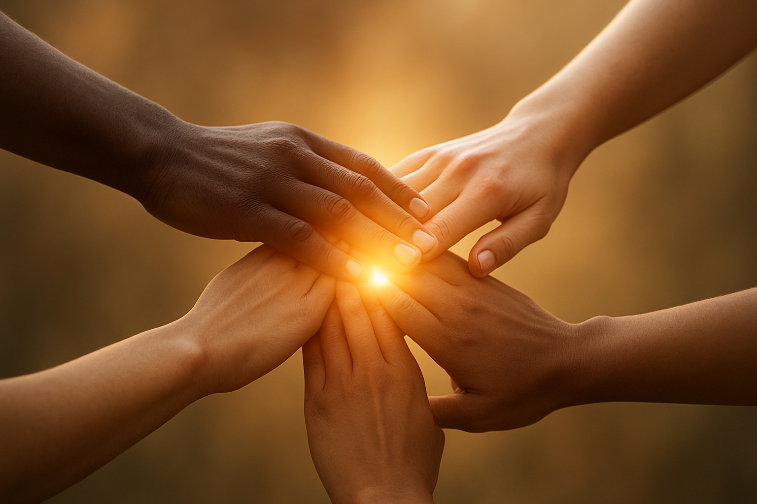 Create a realistic image of diverse hands of different skin tones - black, white, brown, and olive - joining together in a circle formation reaching toward the center, with a soft golden light emanating from the center where the hands meet, set against a warm, blurred background suggesting unity and togetherness, with gentle natural lighting creating a peaceful and harmonious mood. Absolutely NO text should be in the scene.