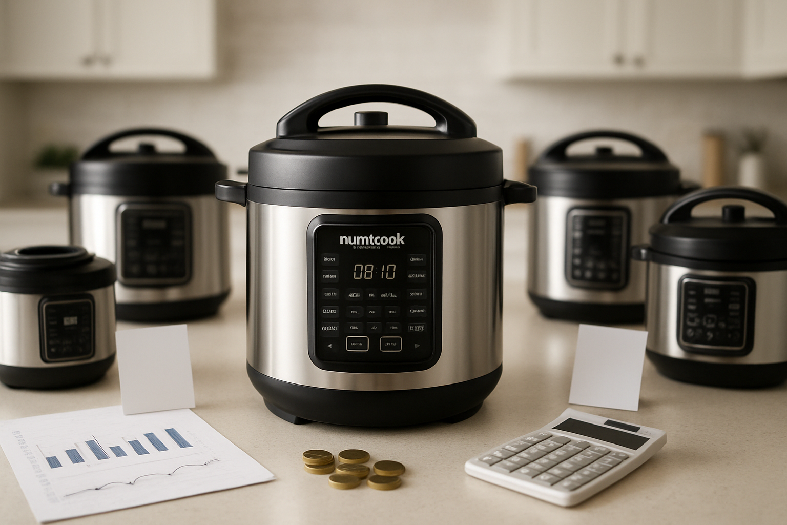 Create a realistic image of a Nutricook Smart Pot Electric Pressure Cooker 4L positioned in the center with price tags and comparison charts surrounding it, several other electric pressure cookers of different brands arranged nearby for comparison, calculator and coins scattered on a clean white kitchen counter surface, bright natural lighting from above creating clear visibility of all products, modern kitchen background with subtle appliances visible, professional product comparison setup with measuring tools and spec sheets visible but blurred, warm and inviting atmosphere suggesting careful evaluation and smart purchasing decisions, absolutely NO text should be in the scene.