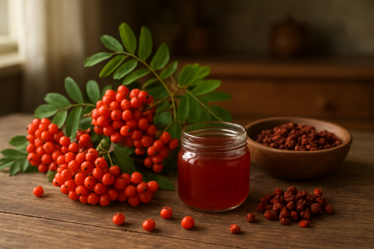 Create a realistic image of a rustic wooden table displaying fresh red-orange rowanberries in clusters on their branches alongside a small glass jar of rowanberry jelly, dried rowanberries in a wooden bowl, and a few scattered individual berries, with soft natural lighting from a window creating gentle shadows, set against a blurred kitchen background with warm earth tones, conveying a sense of completion and practical knowledge about rowanberry uses. Absolutely NO text should be in the scene.