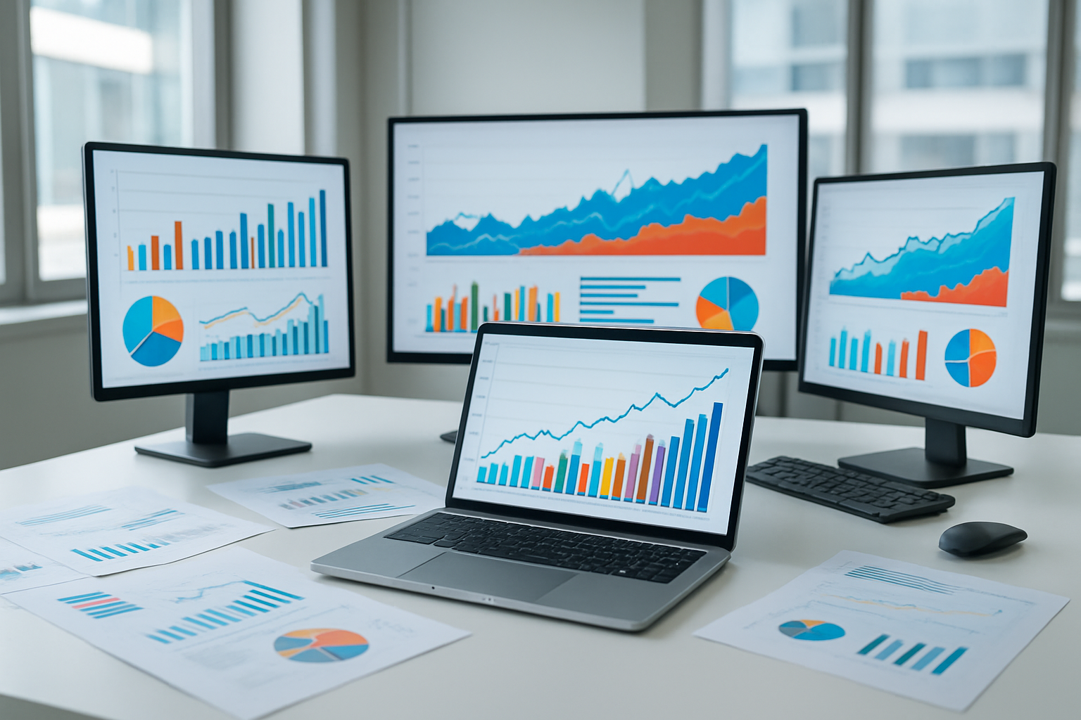 Create a realistic image of a modern office workspace with multiple computer screens displaying colorful data visualization charts, graphs, and analytics dashboards showing upward trending lines and growth metrics, with a sleek laptop in the foreground, surrounded by business reports and documents scattered on a clean white desk, bright natural lighting from large windows, professional corporate environment with a subtle tech atmosphere, clean and organized setting that conveys success and progress in the technology sector, absolutely NO text should be in the scene.