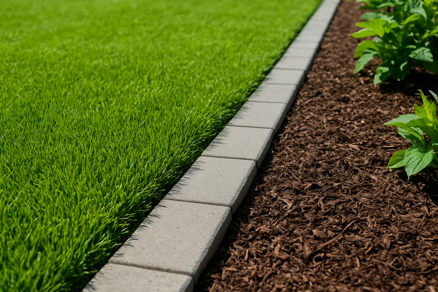 Create a realistic image of a perfectly manicured lawn edge with a newly installed mowing strip made of concrete or brick pavers, showing professional finishing touches like clean-cut grass borders, precise alignment of the edging materials, and well-defined separation between the lawn and flower bed, captured in bright daylight with clear details of the craftsmanship and installation quality, absolutely NO text should be in the scene.