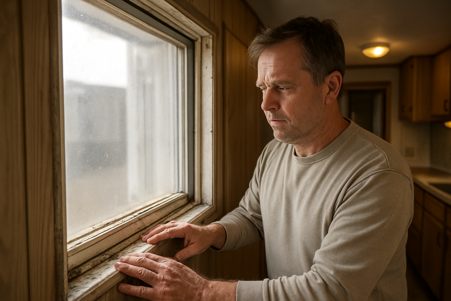 Create a realistic image of a middle-aged white male homeowner standing inside a mobile home, carefully examining and inspecting an old window frame with his hands touching the window sill, showing visible wear, gaps, and aging around the window seal, with natural daylight streaming through revealing dust particles and highlighting imperfections in the window installation, mobile home interior visible in background with typical manufactured home features like wood paneling and compact layout, focused lighting on the window area being assessed, absolutely NO text should be in the scene.