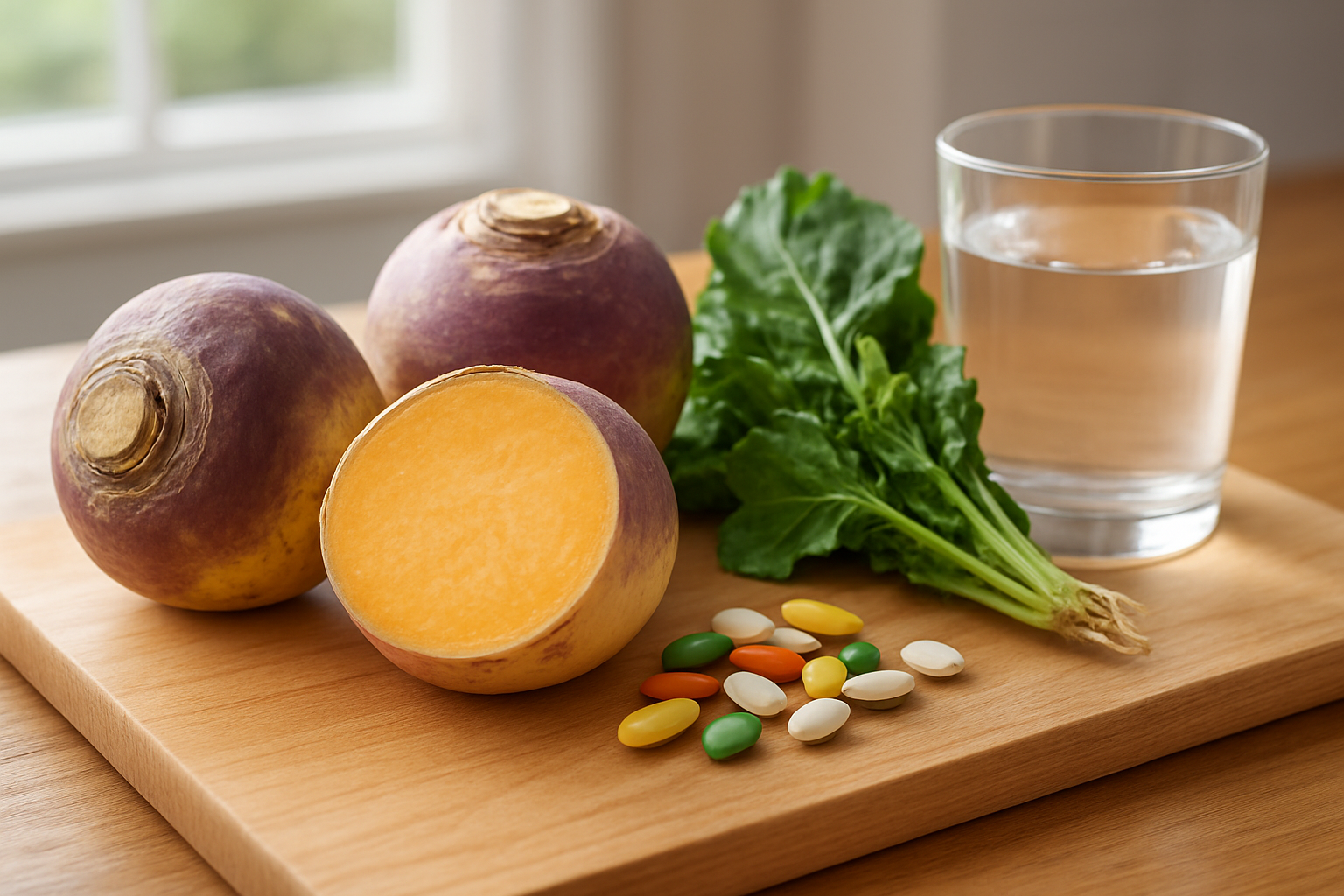 Create a realistic image of fresh rutabaga vegetables displayed on a clean wooden cutting board alongside colorful nutritional elements including vitamin pills, fresh leafy greens, and a glass of water, with soft natural lighting from a kitchen window creating a healthy and vibrant atmosphere, showcasing the vegetables' purple and cream colored skin and orange flesh when cut, arranged in an appealing composition that emphasizes wellness and nutrition, absolutely NO text should be in the scene.
