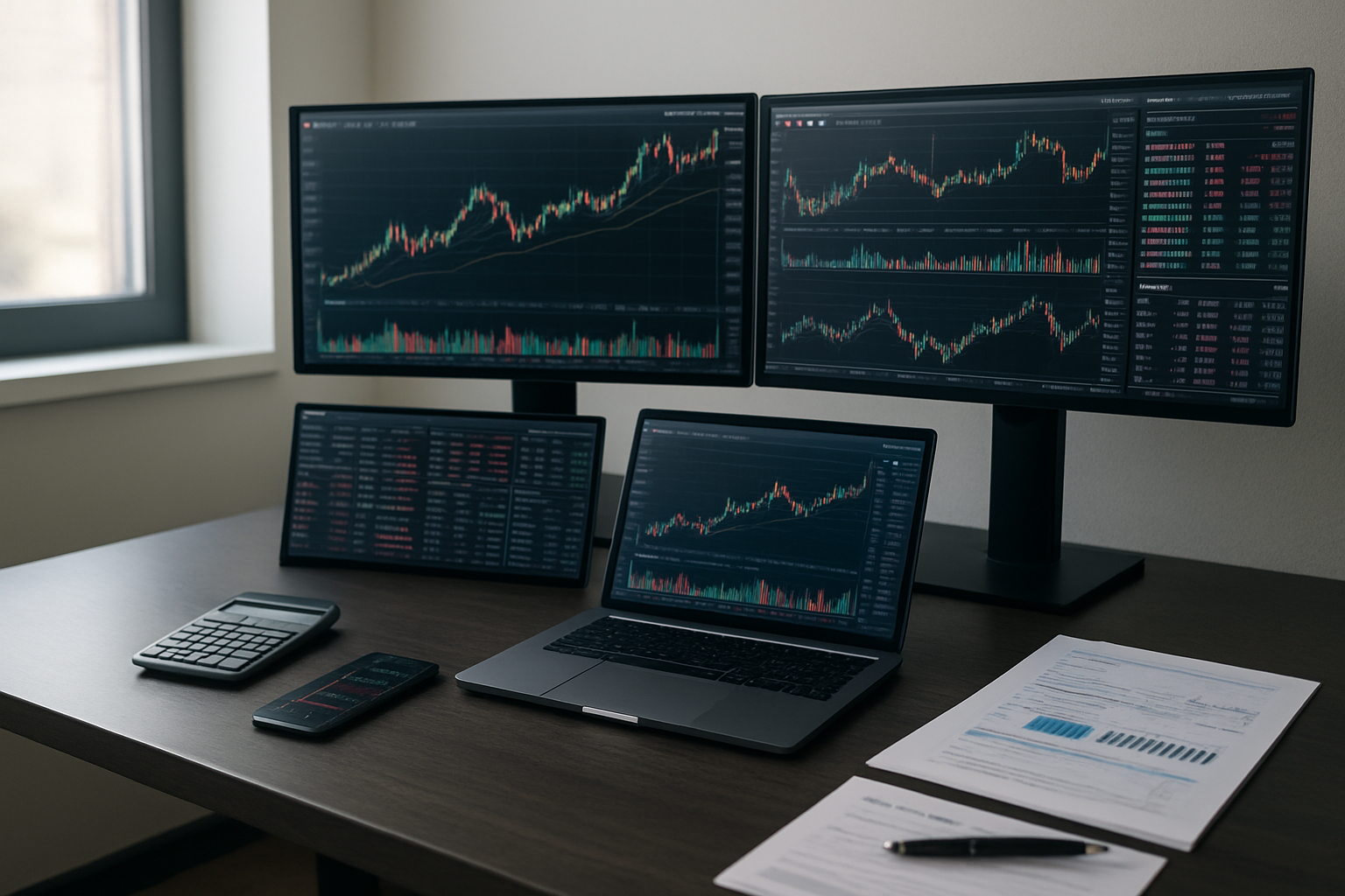 Create a realistic image of a modern trading desk setup featuring multiple high-resolution monitors displaying colorful stock charts, trading interfaces, and market data visualizations, with a sleek laptop open showing portfolio performance graphs, surrounded by essential trading tools including a financial calculator, smartphone with trading apps, and organized documents, set against a clean minimalist office background with soft natural lighting from a window, creating a professional and focused atmosphere that conveys success and efficiency in financial trading, absolutely NO text should be in the scene.