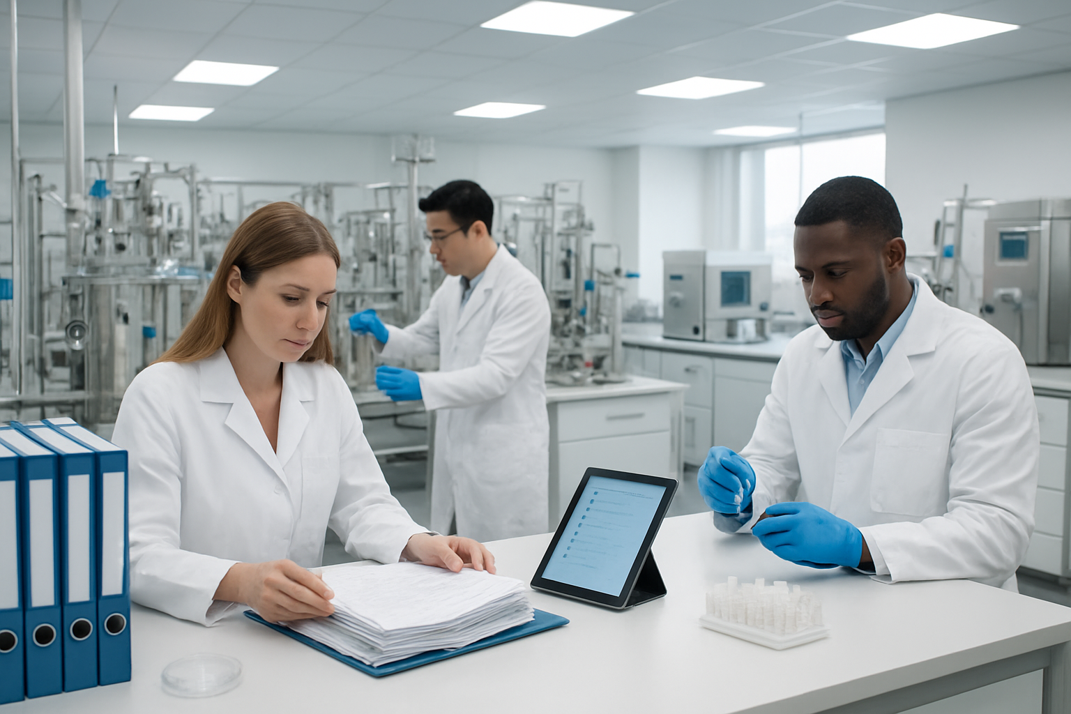 Create a realistic image of a modern pharmaceutical laboratory with a diverse team of professionals including a white female scientist in a lab coat reviewing compliance documents at a workstation, an Asian male researcher working with biopharmaceutical equipment, and a black male quality control specialist examining samples, surrounded by clean laboratory benches with organized regulatory binders, digital tablets displaying compliance checklists, scientific instruments, and sterile pharmaceutical manufacturing equipment in the background, bright professional LED lighting creating a clean and organized atmosphere that conveys successful regulatory compliance and quality assurance in a biopharma facility, absolutely NO text should be in the scene.
