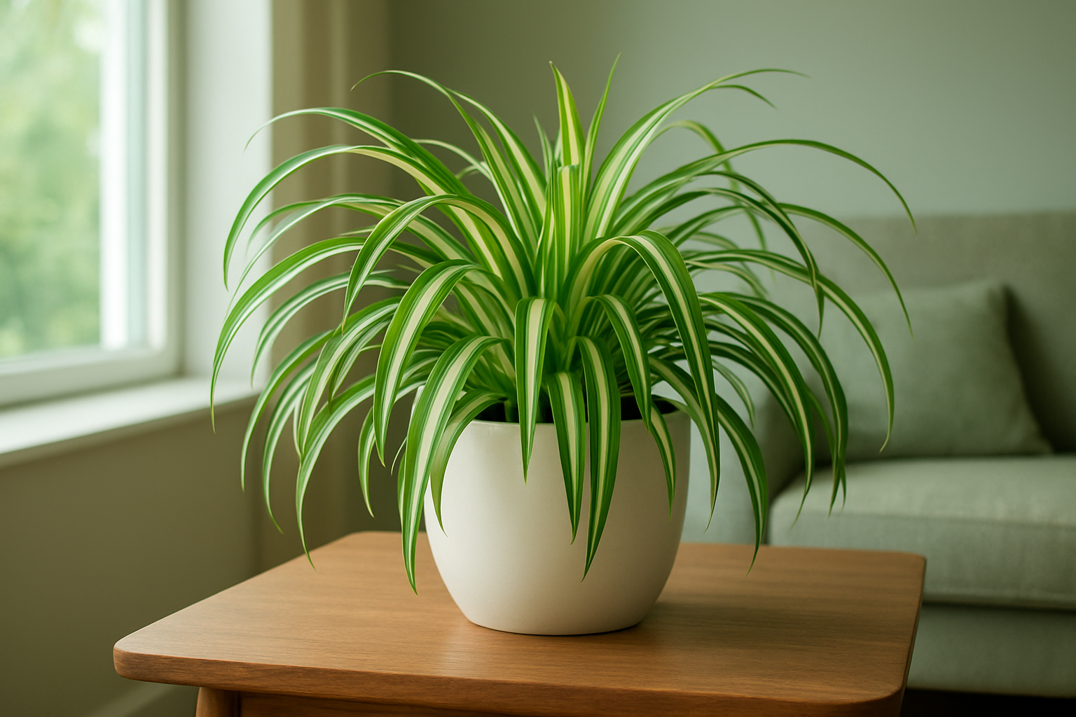 Create a realistic image of a healthy, vibrant spider plant (Chlorophytum comosum) with long, arching green and white striped leaves cascading from a white ceramic pot, positioned on a wooden table near a bright window in a modern living room, with soft natural daylight streaming in, clean indoor air atmosphere, and subtle green tones throughout the scene to emphasize air purification qualities, absolutely NO text should be in the scene.