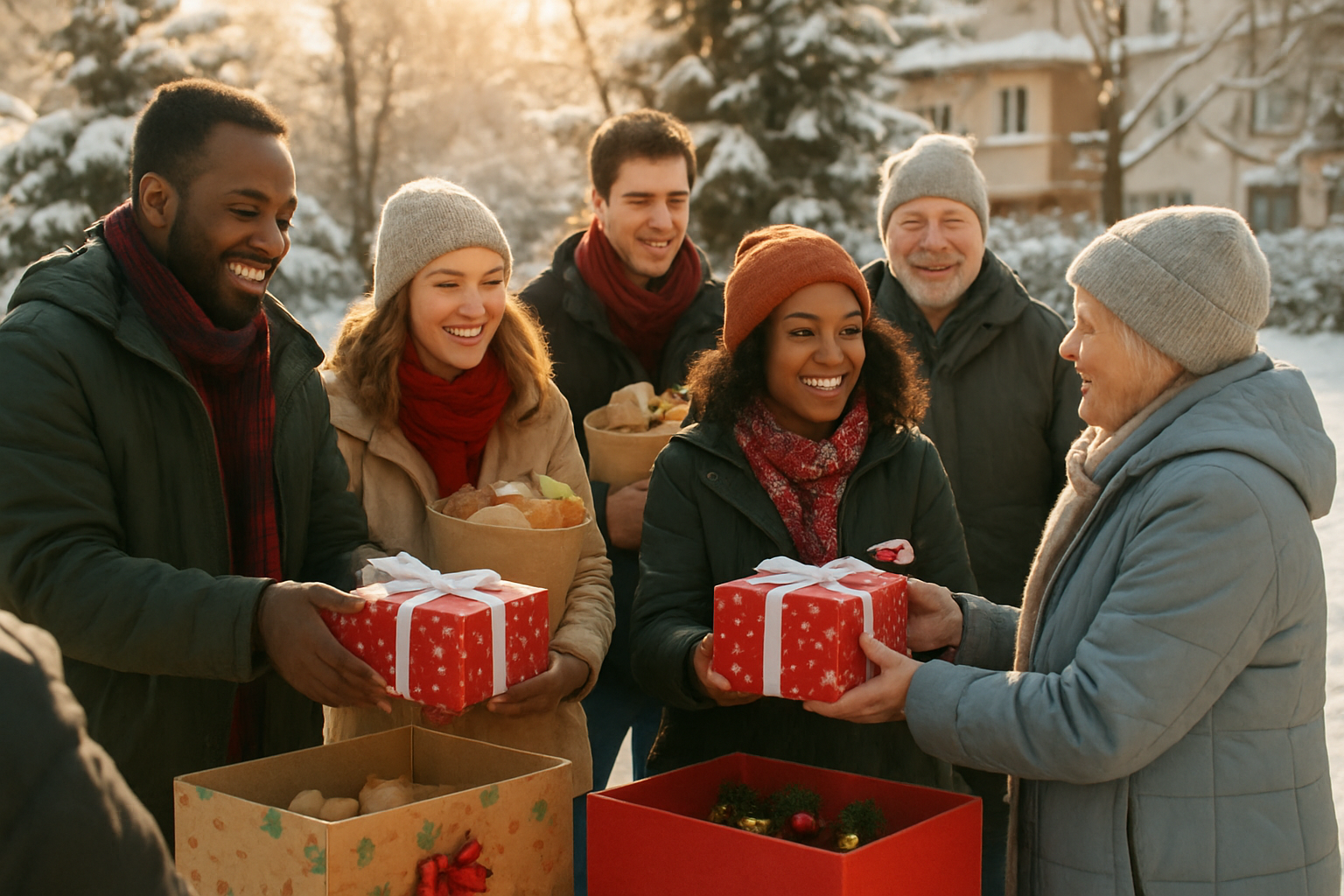 Create a realistic image of a diverse church group including white and black males and females of various ages volunteering together outdoors during winter, distributing wrapped Christmas gifts and food packages to community members, with decorated donation boxes nearby, snow-covered trees and residential buildings in the background, warm golden afternoon lighting creating a joyful and caring atmosphere, people wearing winter coats and festive scarves with genuine smiles showing the spirit of giving and community service, absolutely NO text should be in the scene.