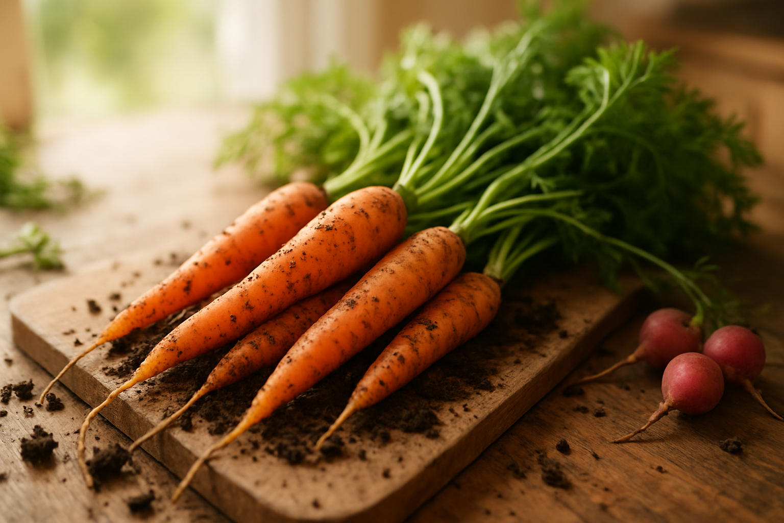 Create a realistic image of fresh orange carrots with their green leafy tops still attached, lying on a wooden cutting board or rustic table surface, with some carrots partially buried in rich, dark soil to emphasize their nature as root vegetables, surrounded by small clumps of earth and a few other root vegetables like radishes or turnips for context, in a bright, natural kitchen or garden setting with soft, warm lighting that highlights the vibrant orange color and natural textures, absolutely NO text should be in the scene.