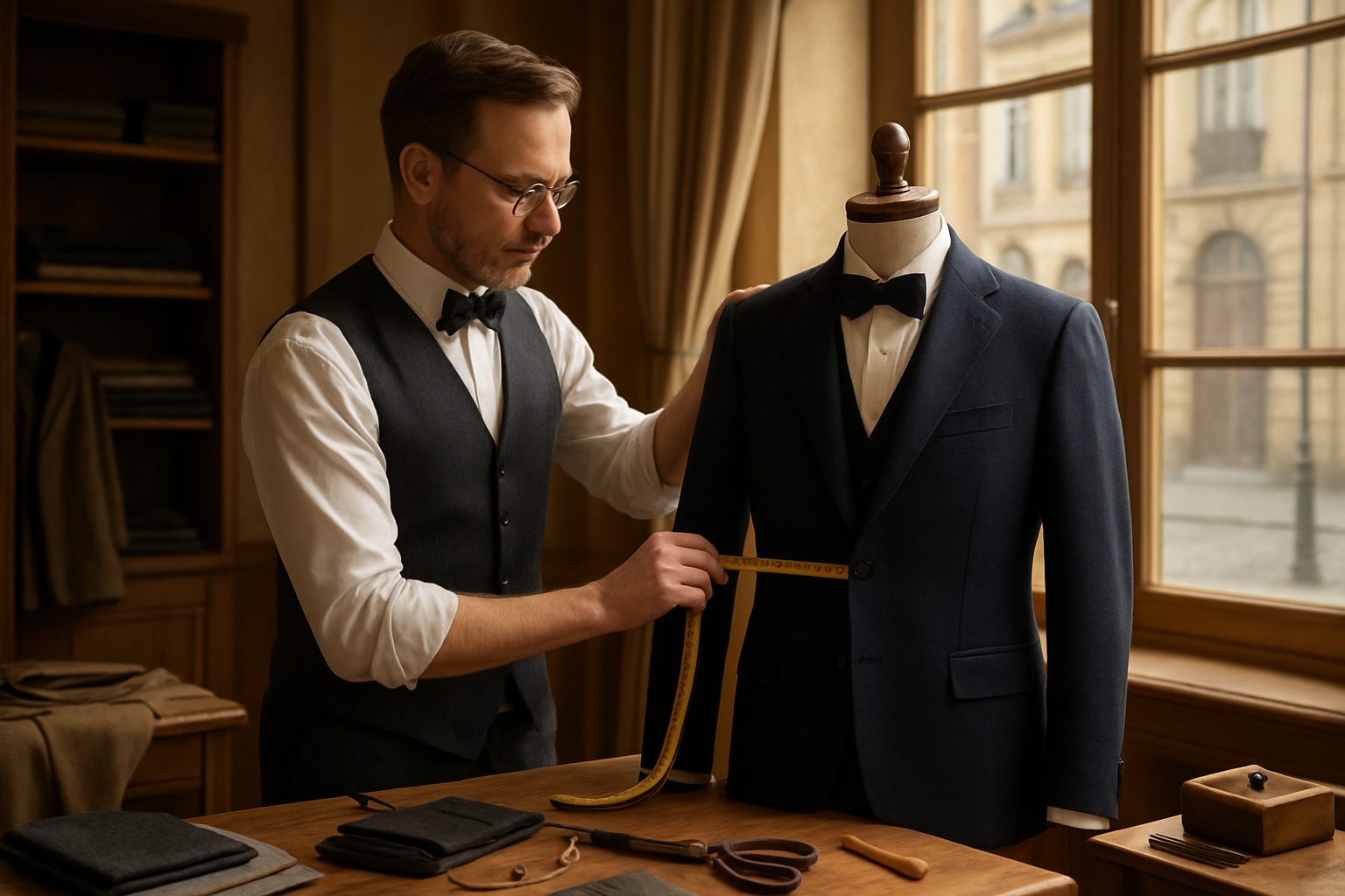Create a realistic image of a sophisticated European tailor's workshop with a white male tailor in his 40s wearing a vest and bow tie, carefully measuring a well-fitted dark navy suit jacket on a wooden mannequin, surrounded by elegant fabric swatches, measuring tapes, and traditional tailoring tools on wooden tables, with warm ambient lighting from large windows showing a classic European street view, emphasizing precision craftsmanship and refined European styling standards, absolutely NO text should be in the scene.