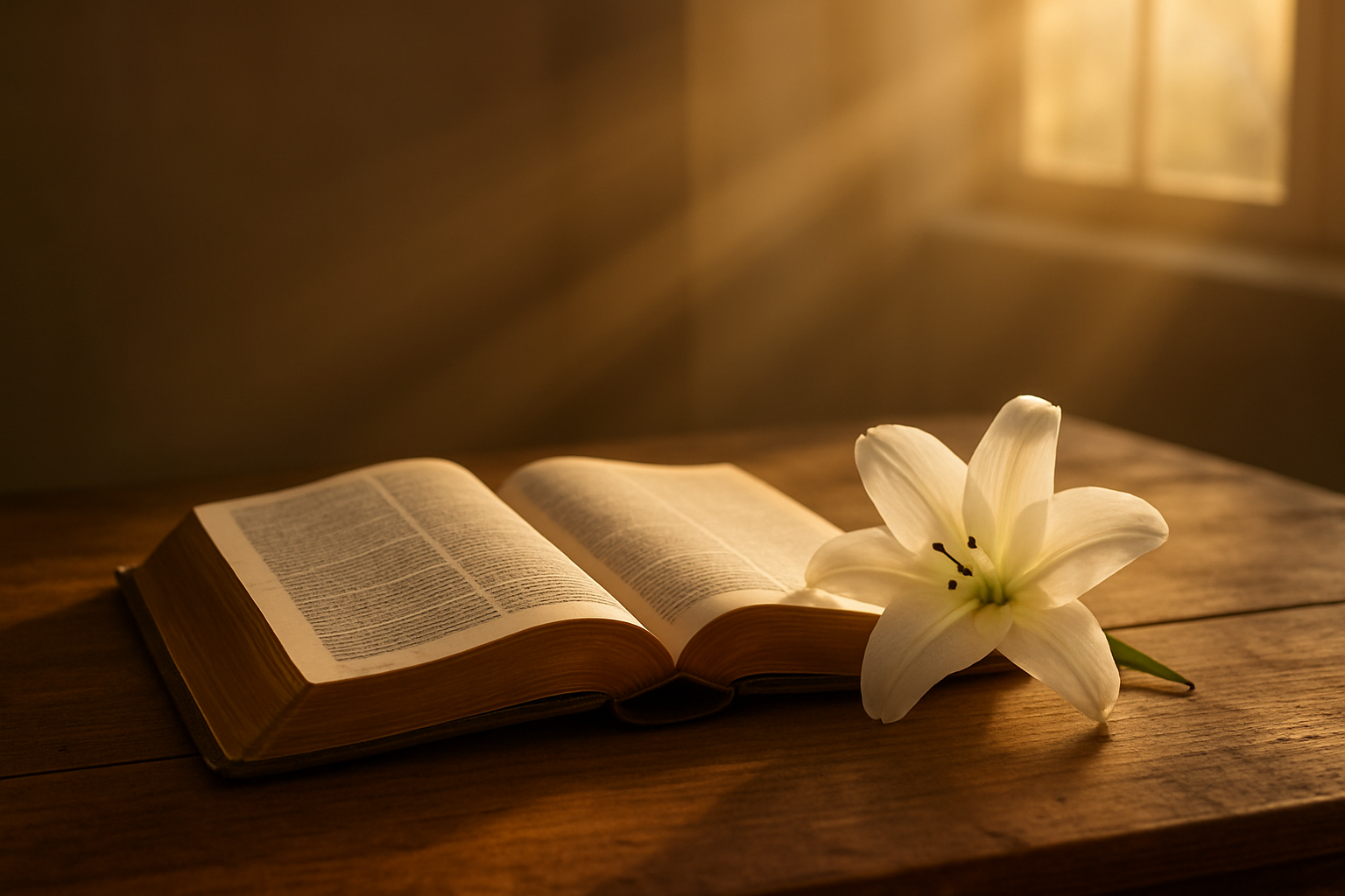 Create a realistic image of an open Holy Bible with golden-edged pages resting on a wooden table, with soft warm sunlight streaming through a window creating gentle rays of light across the scene, a small white lily flower placed beside the Bible symbolizing eternal life and hope, peaceful indoor setting with muted earth tones, serene and comforting atmosphere with golden hour lighting, absolutely NO text should be in the scene.