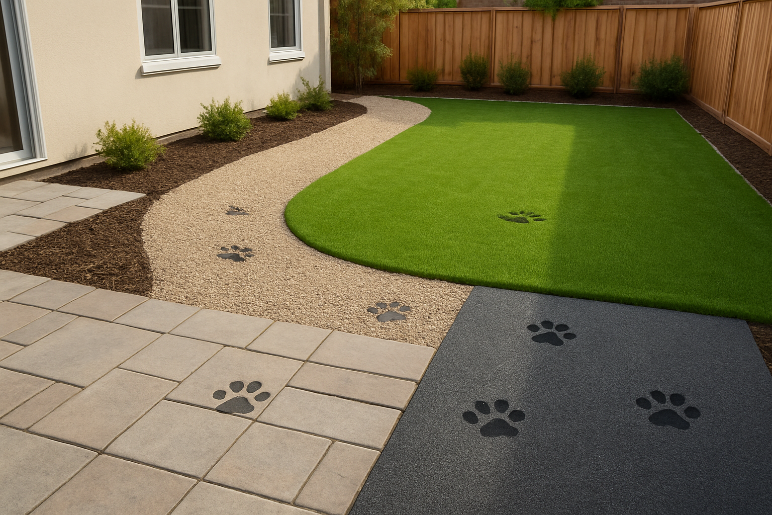 Create a realistic image of a well-maintained backyard showing various strategic ground coverings including stone pavers, gravel pathways, artificial turf sections, and rubber mats arranged in different areas where dogs typically play and walk, with a clean modern residential setting, natural daylight, and a few paw prints visible on the different surface materials to demonstrate their practical use, absolutely NO text should be in the scene.