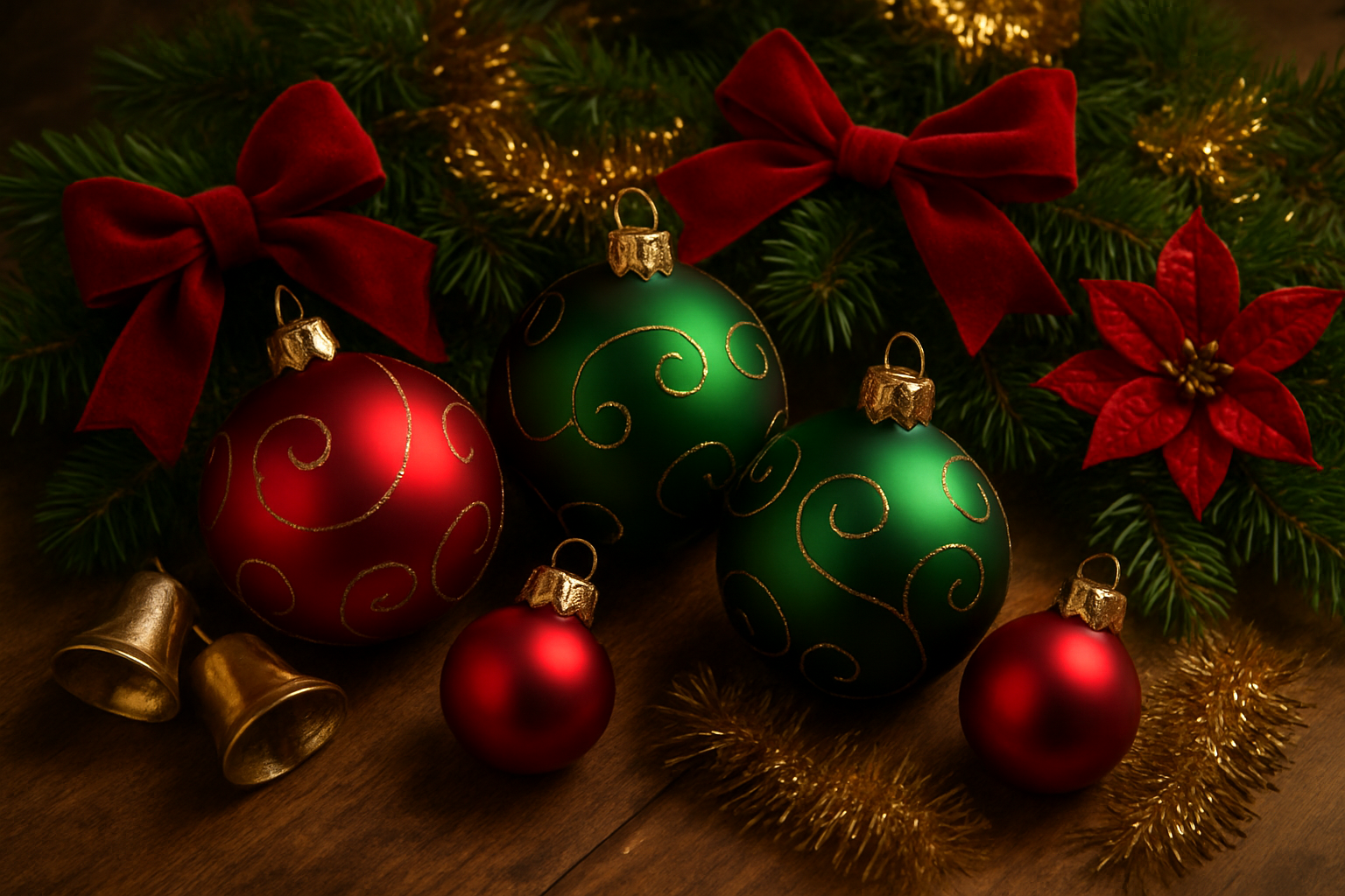 Create a realistic image of traditional Christmas decorations showcasing the classic holiday colors of deep red, forest green, and gold, featuring ornate red and green glass baubles, golden bells, rich red velvet ribbons, evergreen pine branches with natural texture, golden tinsel strands, and red poinsettia flowers arranged on a warm wooden surface, with soft warm lighting creating gentle shadows and highlights that emphasize the rich saturated colors and traditional festive atmosphere, absolutely NO text should be in the scene.