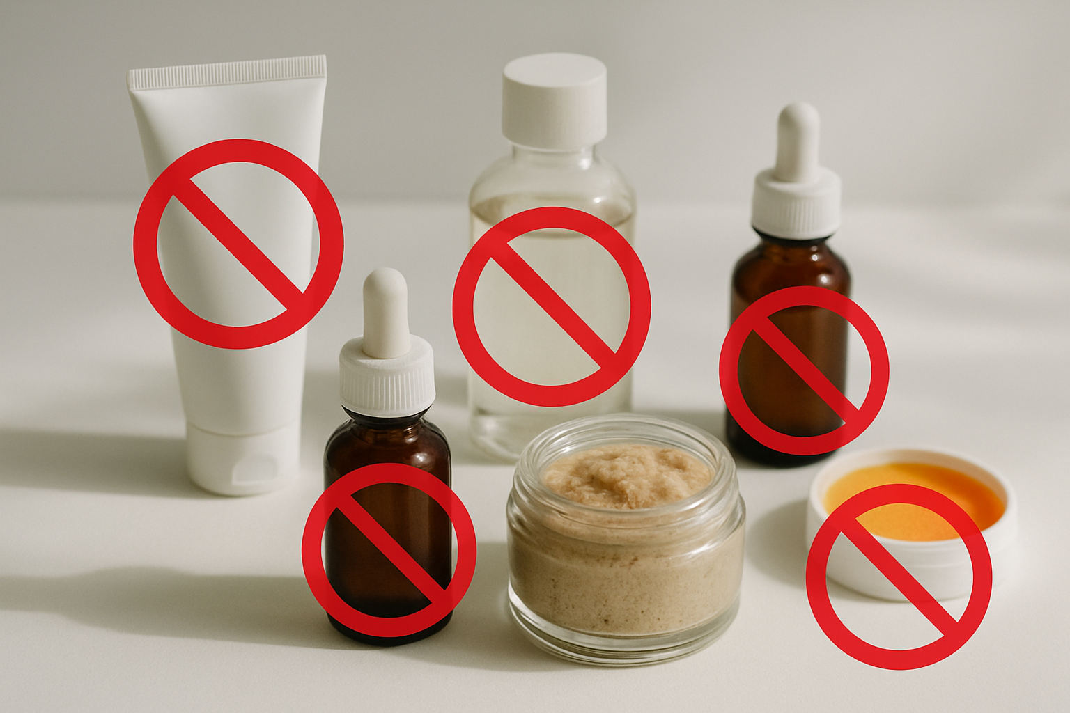 Create a realistic image of various skincare products arranged on a clean white surface with red prohibition or warning symbols overlaid on them, including bottles of retinol serum, exfoliating scrubs, chemical peels, and vitamin C products, with soft natural lighting creating gentle shadows, conveying a cautionary mood about avoiding certain products before laser treatments, absolutely NO text should be in the scene.