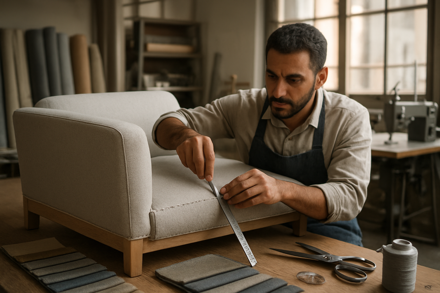 Create a realistic image of a skilled Middle Eastern male craftsman working on custom sofa upholstery in a professional workshop, showing high-quality fabric samples, precision measuring tools, and detailed stitching work on a partially completed modern sofa frame, with soft natural lighting from large windows illuminating the workspace, surrounded by rolls of premium fabrics, professional sewing equipment, and quality control materials, emphasizing attention to detail and craftsmanship excellence, absolutely NO text should be in the scene.