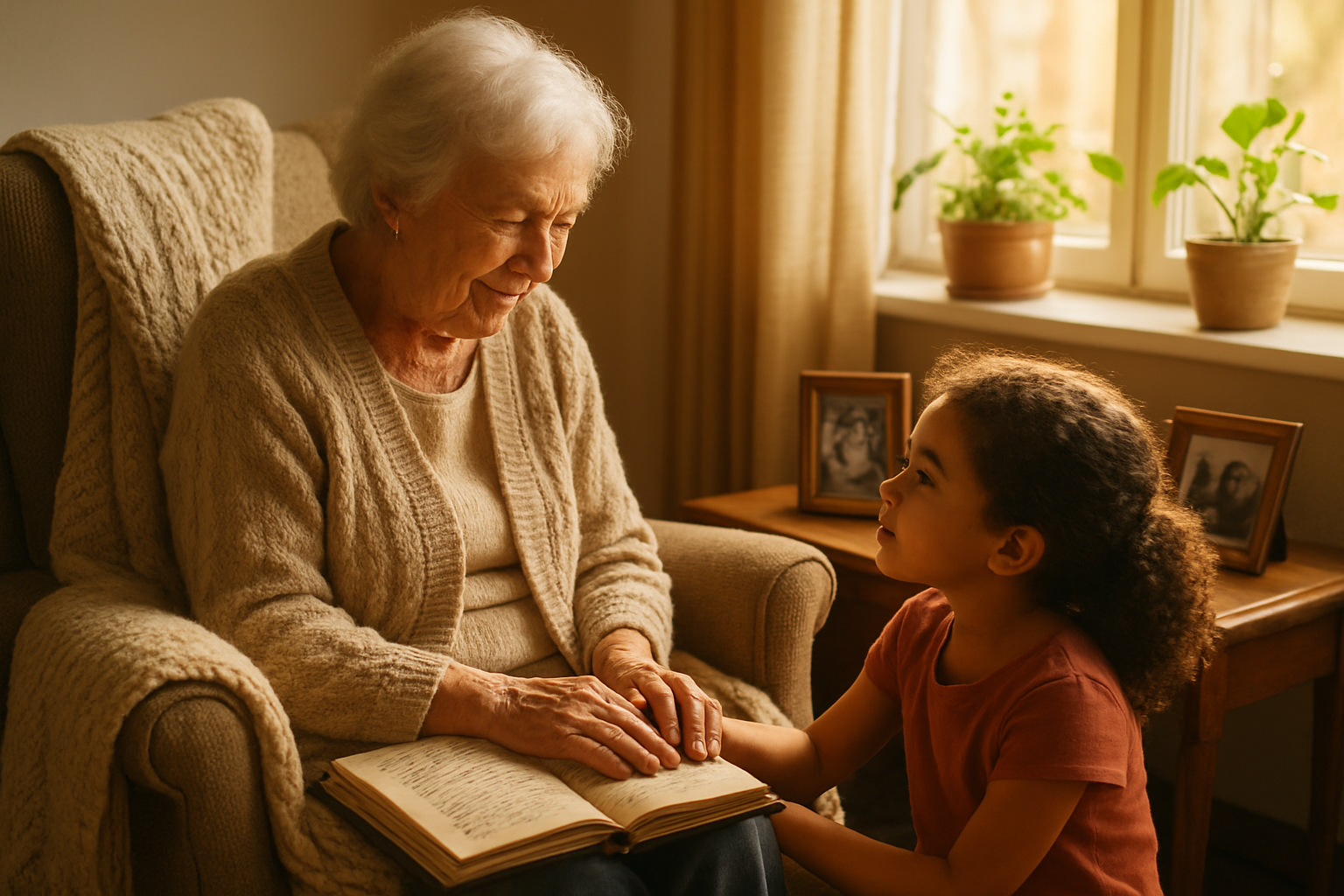 Create a realistic image of an elderly white female grandmother sitting in a cozy living room chair, gently holding the hands of a young mixed-race female child who is sitting on the floor beside her, with warm golden afternoon sunlight streaming through a nearby window, vintage family photographs displayed on a wooden side table, a handwritten recipe book open on her lap, soft knitted blankets draped over the chair, and potted plants on the windowsill creating a nurturing, wisdom-filled atmosphere that conveys the passing down of precious life knowledge between generations, absolutely NO text should be in the scene.