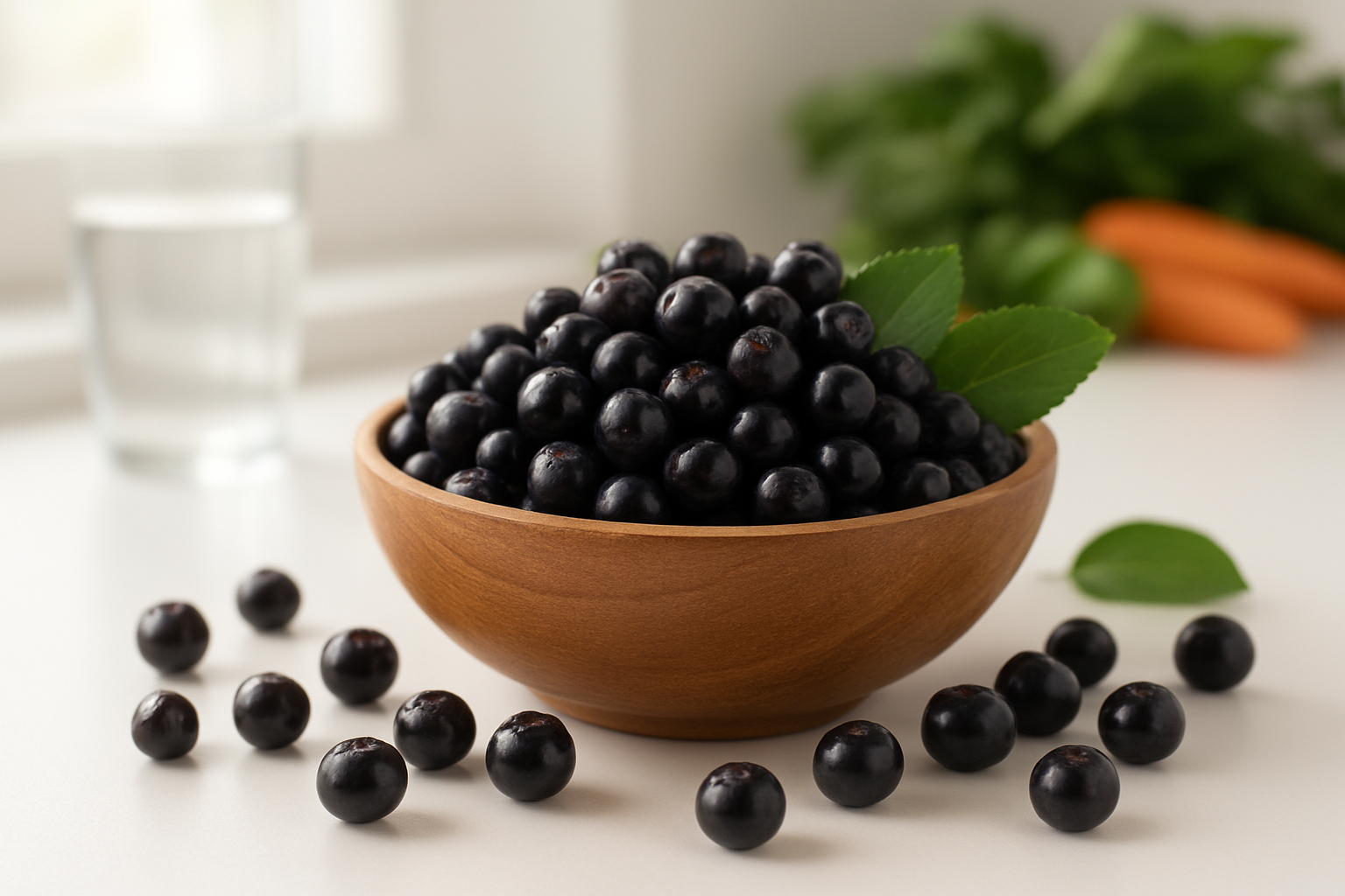 Create a realistic image of fresh purple chokeberries arranged in a wooden bowl on a clean white kitchen counter, with scattered individual berries around the bowl showcasing their deep purple-black color and glossy skin, alongside a few green leaves from the chokeberry plant, with soft natural lighting from a nearby window creating gentle shadows, and in the background slightly blurred healthy lifestyle elements like a glass of water and fresh vegetables, conveying the nutritional and health benefits of these antioxidant-rich berries, absolutely NO text should be in the scene.