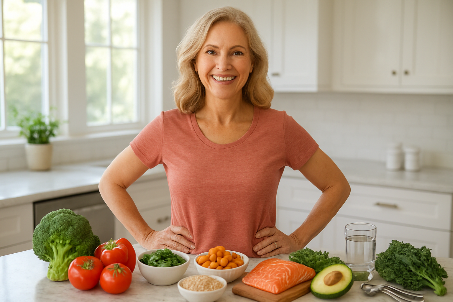 Create a realistic image of a vibrant middle-aged white female with glowing, youthful skin and radiant complexion standing confidently in a bright, modern kitchen, surrounded by fresh colorful vegetables, lean proteins, and healthy whole foods artfully arranged on marble countertops, with natural sunlight streaming through large windows creating a warm, optimistic atmosphere that suggests transformation and renewed vitality, complemented by subtle elements like a glass of water, measuring spoons, and vitamin bottles in the background, all conveying a sense of achievement and healthy lifestyle success, absolutely NO text should be in the scene.