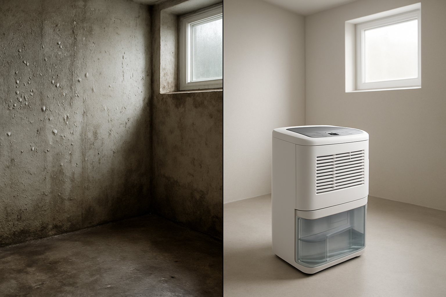 Create a realistic image of a split-screen comparison showing a damp basement room with visible moisture problems including water droplets on walls, condensation on windows, and mold spots in dark corners on the left side, and a clean dry room with a modern dehumidifier unit prominently displayed on the right side, with the dehumidifier showing its water collection tank and control panel, soft natural lighting illuminating both spaces to clearly show the contrast between moisture damage and dry conditions, absolutely NO text should be in the scene.