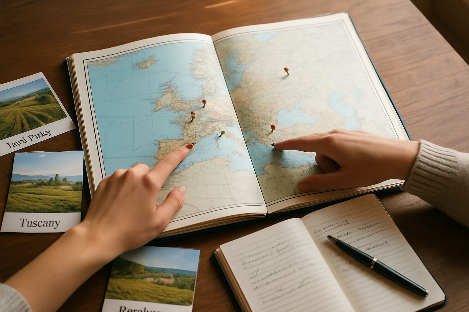 Create a realistic image of a world map or atlas spread open on a wooden table with several wine regions highlighted or marked with small pins, surrounded by travel brochures featuring famous wine destinations like Napa Valley, Tuscany, and Bordeaux, with a pair of hands pointing to different locations, a notebook with handwritten notes nearby, and soft natural lighting from a window, creating a planning and decision-making atmosphere for selecting wine destinations, absolutely NO text should be in the scene.