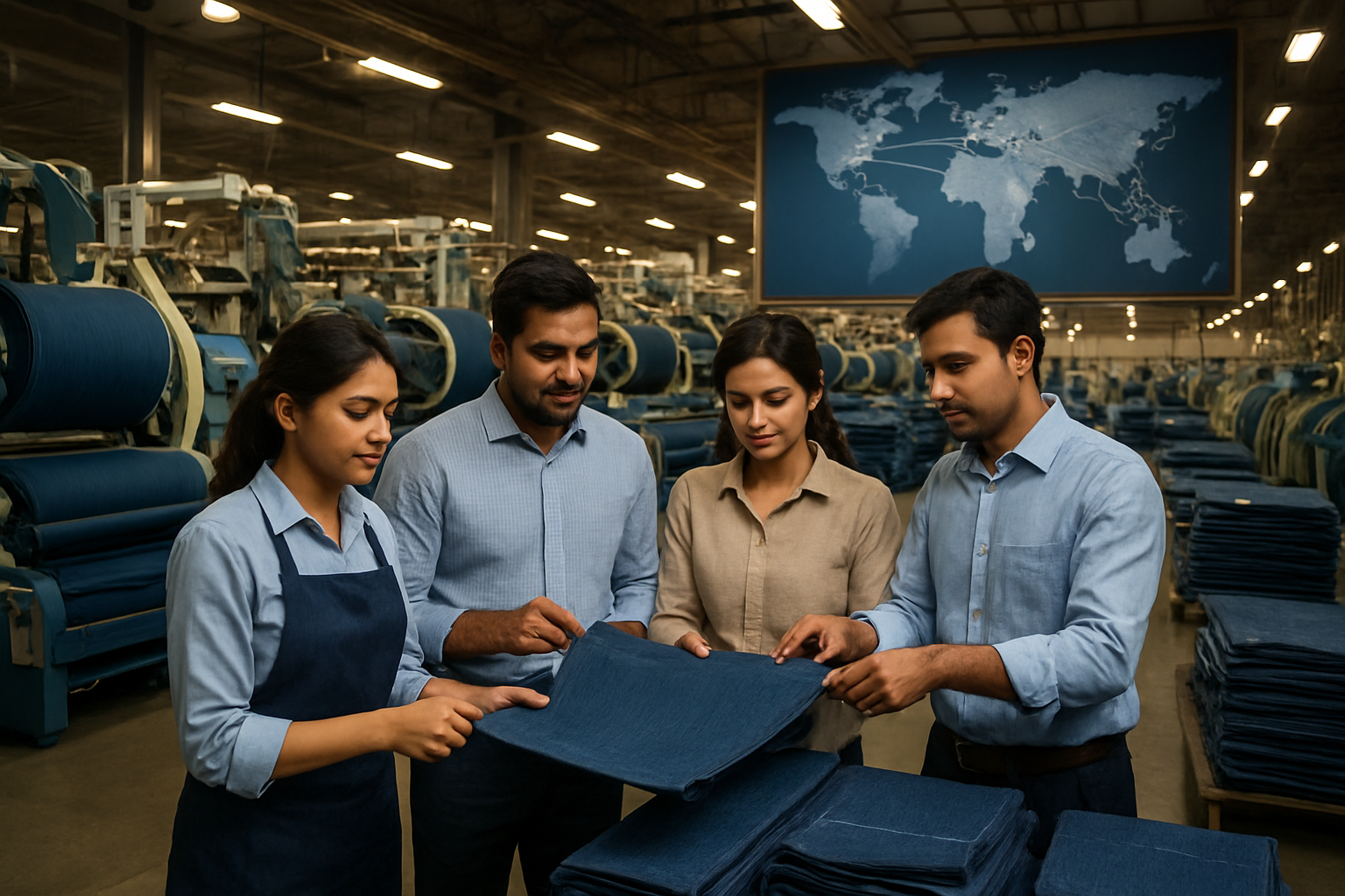 Create a realistic image of a modern Indian textile manufacturing facility with rows of industrial denim production machines and blue denim fabric rolls, featuring a diverse group of Indian male and female workers in professional attire examining quality denim samples, with a large world map display on the wall showing connection lines between India and major cities across Europe, America, and Asia, warm industrial lighting illuminating the clean, high-tech production floor with stacks of finished denim products ready for export, conveying a sense of global business success and manufacturing excellence, absolutely NO text should be in the scene.